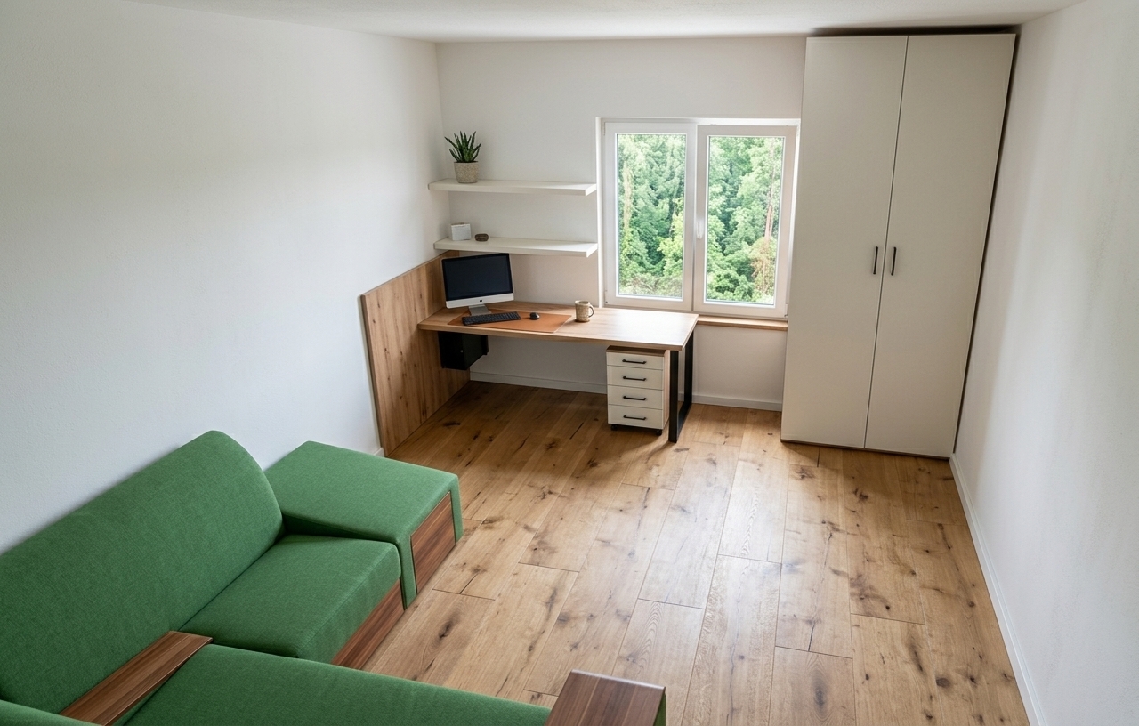 An incredibly lifelike, richly detailed, photorealistic wide-angle interior photograph of a minimalist home office and bedroom haven set in a contemporary apartment. The scene is illuminated by soft, natural daylight filtering through the double-casement window overlooking a lush, verdant forest view, creating a serene and focused atmosphere. Captured with a professional 24mm architectural lens, emphasizing the warm, authentic grain of the Egger H3157 Vicenza Oak desktop and left wall panel, beautifully contrasted against the refined, subtle texture of the BySpan "Royal Silk" finish on the tall two-door wardrobe, floating shelves, and under-desk drawer unit. A sleek, matte black metal support leg anchors the workstation on the right, while a modern sofa with vibrant green upholstery and rich wood accents frames the foreground atop realistic wide-plank oak flooring, culminating in a balanced, airy, and functional workspace design.