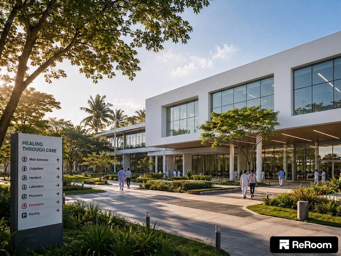 An architectural photograph of the modern healthcare pavilion, precisely preserving the original composition, geometry, and environment, with the upper-floor white facade rendered as a smooth, monolithic surface without cladding seams. Shot on a wide-angle tilt-shift lens in crisp late-afternoon sunlight, the image features authentic specular reflections in the expansive glass windows, delicate foliage shadows cast across the paved plaza, realistic ground textures, and natural atmospheric depth with faint, organic lens flare through the trees.