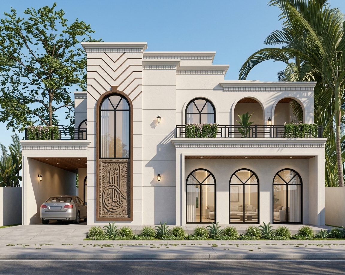 An incredibly lifelike, richly detailed, photorealistic eye-level exterior architectural shot of a contemporary two-story villa redesigned as a serene Scandinavian sanctuary set in a sunlit residential landscape during peak spring. The scene is illuminated by crisp, radiant midday spring sunlight casting clean, geometric shadows, creating a bright, calm, and uplifting atmosphere. Captured with a 35mm tilt-shift architectural lens at f/8, emphasizing the chalky texture of the soft off-white plaster facade, warm timber soffits, and refined matte-black mullions framing soaring arched windows. Through the expansive ground-floor glazing, a tranquil, minimalist living room is partially visible with pale oak flooring, soft linen upholstery, and organic Scandinavian furnishings glowing under gentle interior accent lighting. A minimalist car sits quietly in the integrated carport, while lush spring blooms and manicured low-profile landscaping ground the structure against a clear sky, harmoniously balancing Mediterranean architectural contours with airy, modern Nordic minimalism.