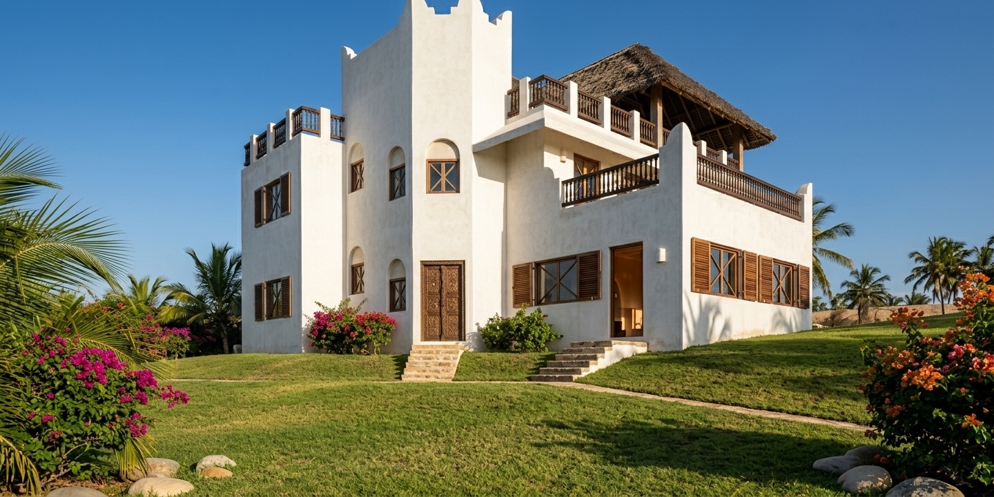 An incredibly lifelike, richly detailed, photorealistic low-angle exterior architectural shot of a majestic Swahili coastal villa set in an exotic, sun-drenched desert-oasis retreat. The scene is illuminated by brilliant, warm midday sunlight that casts sharp, elegant geometric shadows across the pristine white lime-washed coral stucco walls, creating a serene, breezy, and luxurious coastal atmosphere. Captured with a professional 24mm tilt-shift architectural lens, emphasizing the rich, organic texture of the traditional Makuti thatched roof atop the upper pavilion, the intricate grain of handcrafted dark-wood louvered shutters, and the ornate detailing of the carved Swahili entrance doors. The multi-tiered villa—complete with crenelated rooftop parapets, arched window niches, and dual stone entry staircases—rises gracefully above a gently sloping verdant lawn, framed by lush tropical palm fronds, vibrant bougainvillea, and warm ambient light glowing softly from the interior spaces.