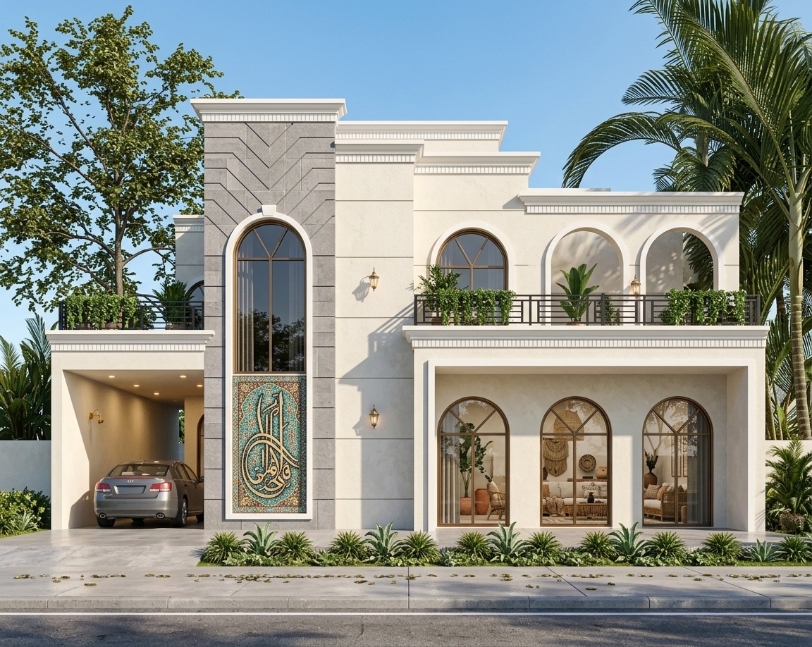 An incredibly lifelike, richly detailed, photorealistic eye-level architectural photo of a luxurious contemporary villa set in a lush tropical garden during a bright spring midday. The scene is illuminated by brilliant, high-overhead sunlight casting soft, elegant geometric shadows across the architectural relief, creating a warm, sophisticated, and serene atmosphere. Captured with a professional wide-angle tilt-shift lens, emphasizing the tactile relief of sleek grey tiles with modern linear grooves adorning the facade, contrasting beautifully with refined white classical cornices and smooth textured stucco. To the left, an open ground-level garage gently shelters a parked grey sedan under soft warm recessed lighting, while the main tower showcases a tall arched feature window above an ornate, colorful Islamic calligraphy panel. Expansive bronze-trimmed arched glass doors on the ground floor reflect the vibrant palm foliage outside while offering inviting glimpses into an airy living room styled as a relaxed bohemian oasis filled with natural textures and layered organic decor. The second-story terraces feature sleek black iron railings bursting with lush potted greenery, all beautifully framed by towering tropical palms and a neatly landscaped roadside garden under a clear azure sky.