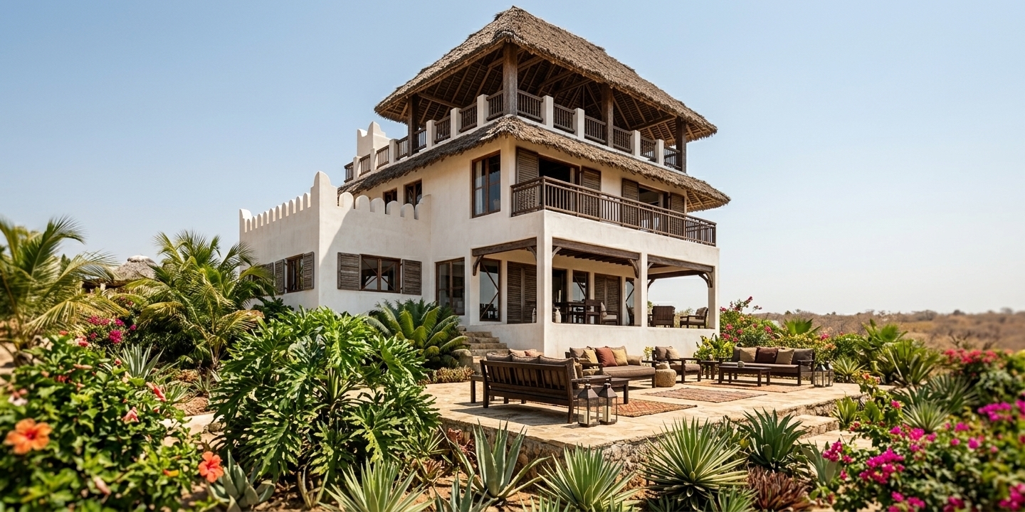 An incredibly lifelike, richly detailed, photorealistic low-angle architectural shot of a luxurious Swahili coastal villa set in a serene, oasis-like desert retreat. The scene is illuminated by bright, warm midday summer sunlight casting crisp, natural shadows under deep verandas, creating an inviting and tranquil resort atmosphere. Captured with a professional wide-angle tilt-shift lens, emphasizing the rich, layered texture of the authentic dried Makuti thatch roof, exposed hand-carved timber trusses, and smooth whitewashed plaster walls. The ground-floor open terrace is styled with dark hardwood coastal furniture and relaxed lounge seating, seamlessly blending into an expansive outdoor garden rich with lush tropical palms, desert succulents, and flowering exotic greenery that softens the surrounding arid landscape.