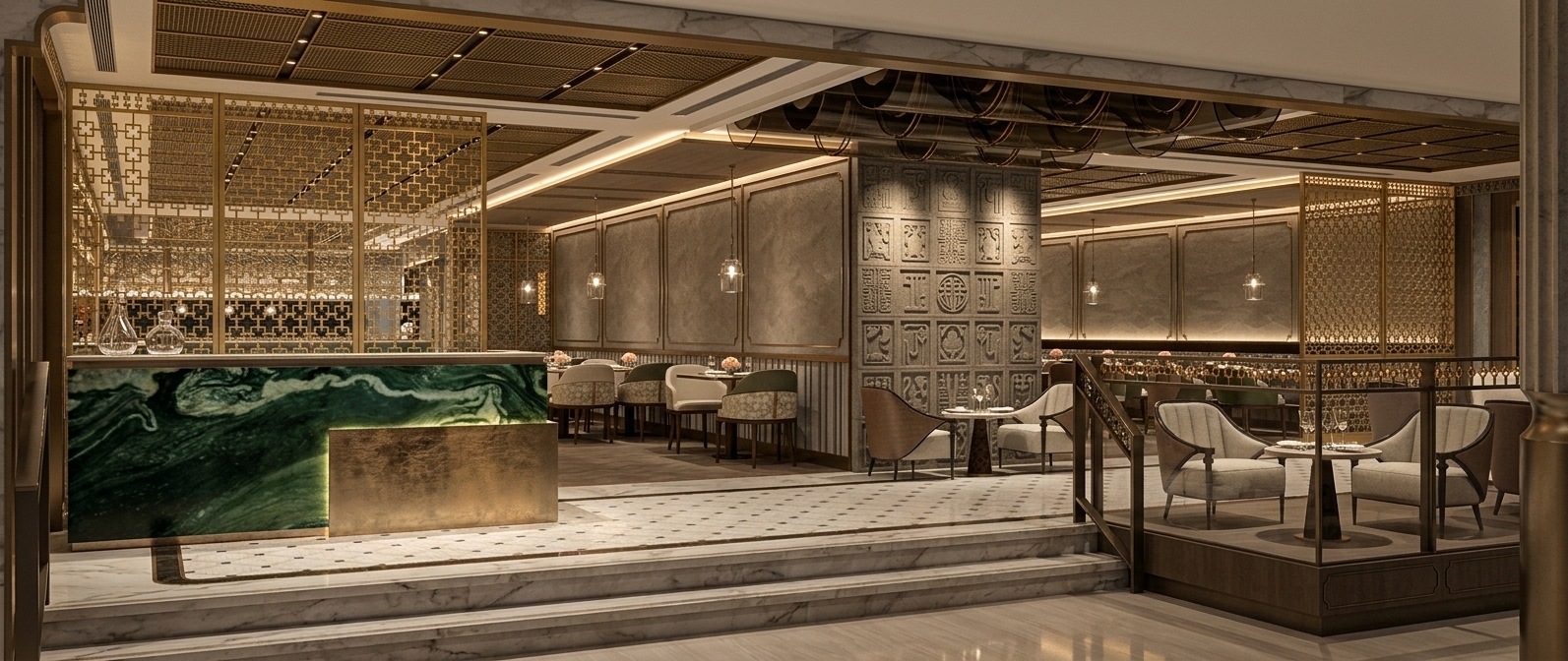 An architectural photograph of this luxurious downtown restaurant interior, preserving the exact layout, geometry, and materials. The scene features warm, layered lighting with 2700K concealed cove illumination softly washing across the recessed ceilings and focused spotlights accenting the feature walls and dining tables. The glossy green marble reception desk displays natural stone veining and realistic specular reflections, complemented by the brushed golden sheen of the intricate metal screens. Fabrics on the dining chairs show fine woven micro-textures, while the decorative relief wall panels are sculpted by subtle grazing light and soft contact shadows. Captured with a professional tilt-shift lens, exhibiting crisp depth of field, gentle atmospheric falloff, balanced natural exposure, and subtle photographic grain.