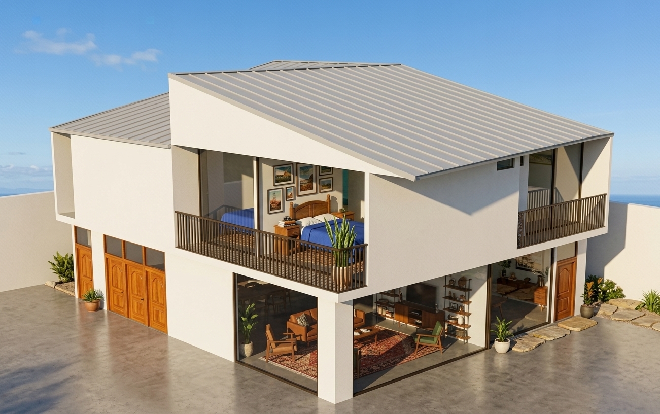 An incredibly lifelike, richly detailed, photorealistic elevated three-quarter exterior shot of a modern two-story home designed with an eclectic, worldly aesthetic, set in a bright sunlit environment. The scene is illuminated by warm afternoon sunlight casting crisp architectural shadows beneath the angled roofline and cantilevered second floor, creating an adventurous, cultured, and vibrant atmosphere. Captured with a professional 35mm architectural tilt-shift lens, emphasizing smooth matte white stucco, dark metal balcony balustrades, polished wooden door panels, and crystalline reflections across expansive panoramic glazing. Through the floor-to-ceiling windows, the interior reveals a layered traveler’s sanctuary adorned with rich earth tones, bold cobalt blue textiles on the upper bedroom suite, travel-inspired framed wall art, stacks of vintage photography books, and lush indoor plants bathed in ambient light. The ground level balances sleek transparency with hand-carved warm timber doors and eclectic mid-century furnishings, seamlessly harmonizing contemporary modernist forms with a nostalgic, curated collection of global decor.