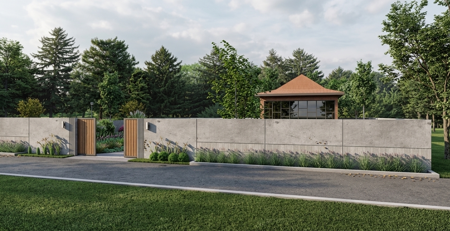 A professional architectural photograph capturing the exact scene with a modern concrete perimeter wall, natural wood-slat gates, and lush background greenery. The scene is illuminated by bright yet soft natural sunlight casting gentle shadows, enhanced by a subtle warm ambient glow from the wall-mounted exterior fixtures. All surfaces exhibit authentic textures—fine-grained cast concrete panels, rich organic wood grain, detailed ornamental grasses along the curb, and realistic glass reflections on the background pavilion—captured with a crisp architectural lens and balanced natural contrast.