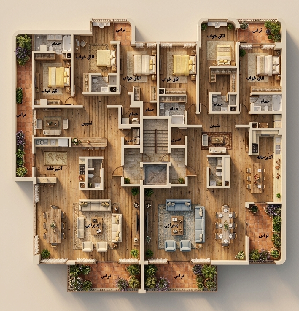 An incredibly lifelike, richly detailed, photorealistic top-down architectural photograph of two expansive luxury residences styled with French country charm set in a sunlit provincial estate. The scene is illuminated by gentle, warm natural light pouring through panoramic terrace openings, creating a cozy, rustic, and romantic atmosphere. Captured with a high-resolution architectural tilt-shift lens, emphasizing the tactile textures of distressed natural wood floorboards, soft woven linen upholstery, and lush indoor potted greenery. The layout reveals beautifully appointed living and reception salons featuring plush vintage sofas, elegant dining settings framed in weathered timber, and delicately arranged coffee tables topped with fine photography books. A harmonious palette of warm creamy neutrals, muted French blues, and soft butter yellows flows seamlessly from the airy kitchens into the restful bedrooms and private terrace enclaves, exuding timeless cottage-inspired elegance.