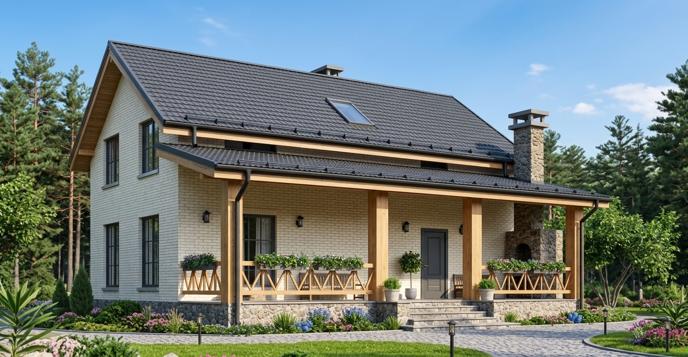 An incredibly lifelike, richly detailed, photorealistic eye-level exterior architectural shot of a contemporary two-story countryside residence set in a tranquil, sunlit coniferous forest clearing. The scene is illuminated by bright, clear midday natural sunlight that casts gentle diagonal shadows and highlights the tactile surfaces, creating a serene and grounded digital zen atmosphere. Captured with a high-end full-frame architectural tilt-shift lens, emphasizing the crisp contrast between the sleek dark-gray ceramic roof tiles—accented by a centrally positioned dormer skylight—and the matte black downspout drainage system. The home's facade combines textured light-cream brickwork with warm, natural-finish timber structural columns and porch railings, while the window and door openings are framed in sophisticated charcoal-gray profiles complemented by sleek steel sills. Below, a rugged natural stone plinth anchors the structure securely to the landscape, transitioning smoothly into winding cobblestone pathways that cut through manicured green lawns, colorful flowerbeds, and a dense, photorealistic backdrop of towering evergreen pine trees beneath a vivid blue sky.