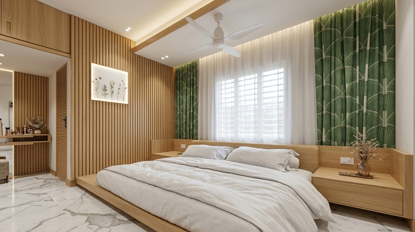 An incredibly lifelike, richly detailed, photorealistic wide-angle interior shot of a serene, Zen-inspired modern bedroom set in an upscale contemporary residence. The scene is illuminated by soft, diffused midday daylight streaming through floor-to-ceiling sheer drapery, complemented by warm recessed spotlights and subtle perimeter LED cove lighting, creating a bright, tranquil atmosphere. Captured with a 24mm architectural wide-angle lens, emphasizing the fine vertical grooves of the fluted accent walls, the soft creases of plush white linen bedding, smooth light-oak wood platforms, and the glossy finish of polished white marble flooring with subtle grey veining. A low-profile platform bed anchors the space with integrated floating nightstands adorned with delicate floral stems, framed by patterned green geometric curtains and a sleek modern white ceiling fan overhead, while an adjacent backlit vanity niche adds depth and sophisticated elegance to the uncluttered, peaceful aesthetic.