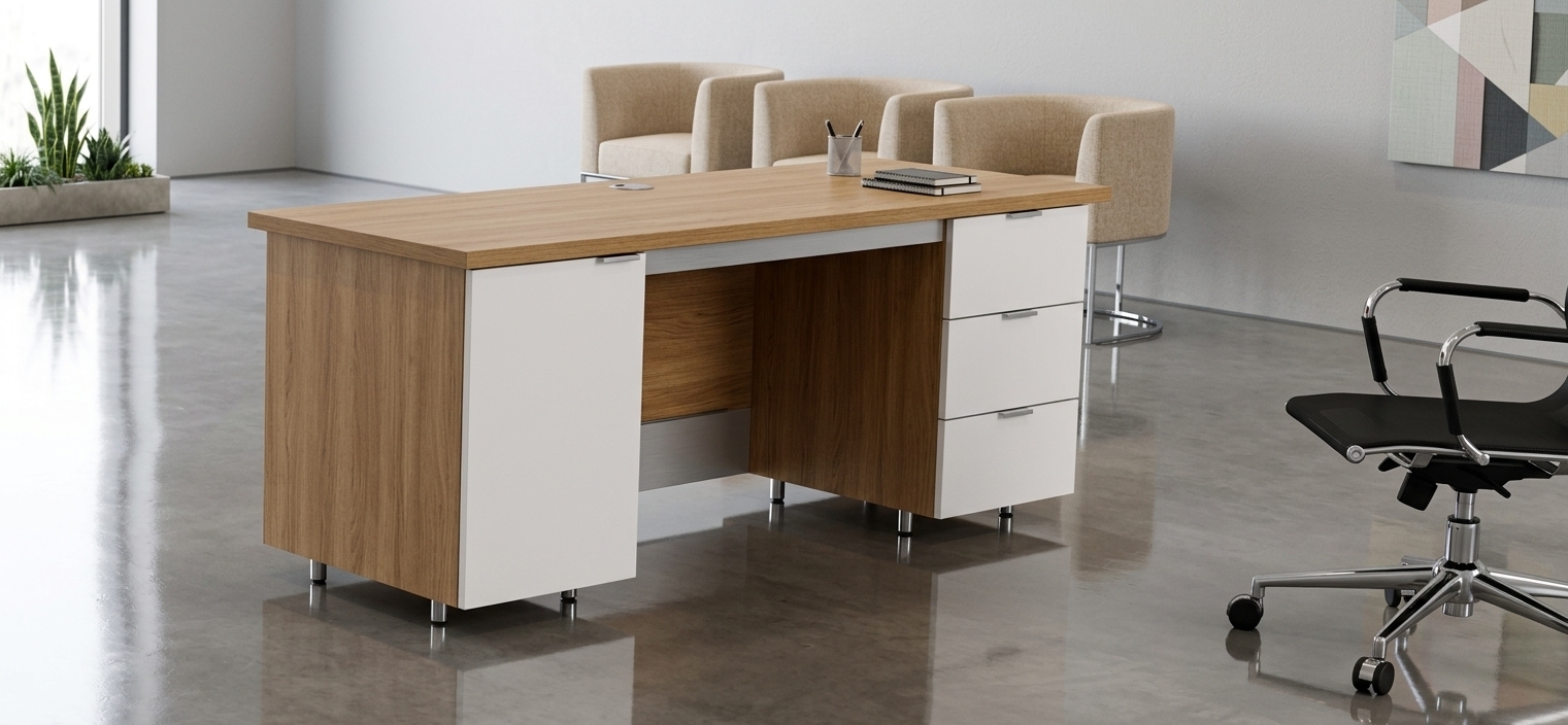 An incredibly lifelike, richly detailed, photorealistic eye-level interior shot of a sleek executive workstation set in a high-end, modern fusion office environment. The scene is illuminated by soft ambient daylight and clean architectural diffused lighting, creating a bright, sophisticated, and dynamic atmosphere. Captured with a professional 50mm lens at f/8, emphasizing the natural wood grain textures of the warm oak surfaces, the crisp satin-white cabinetry, and the glossy reflections mirroring across the polished floor. In the foreground, an ergonomic task chair with chrome hardware and black accents adds an industrial-inspired touch, while a row of minimalist, fabric-upholstered tub chairs in the background provides stylish modular guest seating. The open-concept space features subtle touches of vibrant accents, abstract wall art, and curated greenery, perfectly balancing geometric precision with contemporary elegance.