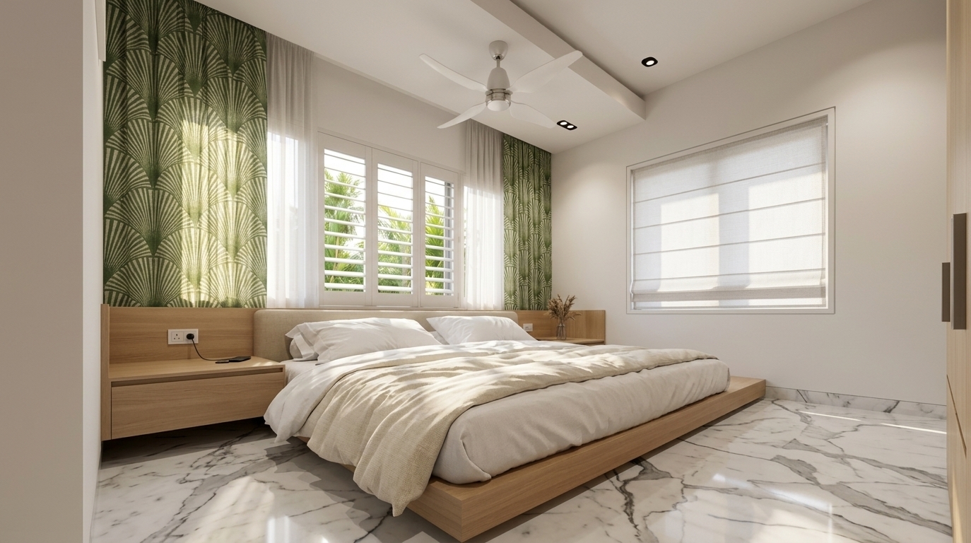 An incredibly lifelike, richly detailed, photorealistic wide-angle interior shot of a minimalist, digital zen-inspired bedroom set in a sleek modern sanctuary. The scene is illuminated by crisp, radiant midday sunlight filtering through sheer curtains paired with soft, recessed LED ceiling illumination, creating a tranquil, airy, and high-tech atmosphere. Captured with a full-frame architectural camera and a 24mm tilt-shift lens, emphasizing the glossy veining of polished white marble flooring, smooth light-wood platform carpentry, and the soft, tactile folds of crisp white and cream linens. The streamlined space centers on an elevated low-profile platform bed with integrated floating nightstands, balanced by rhythmic green geometric drapery and a sleek white sculptural ceiling fan, seamlessly blending cyberpunk-clean minimalism with tranquil organic elements.