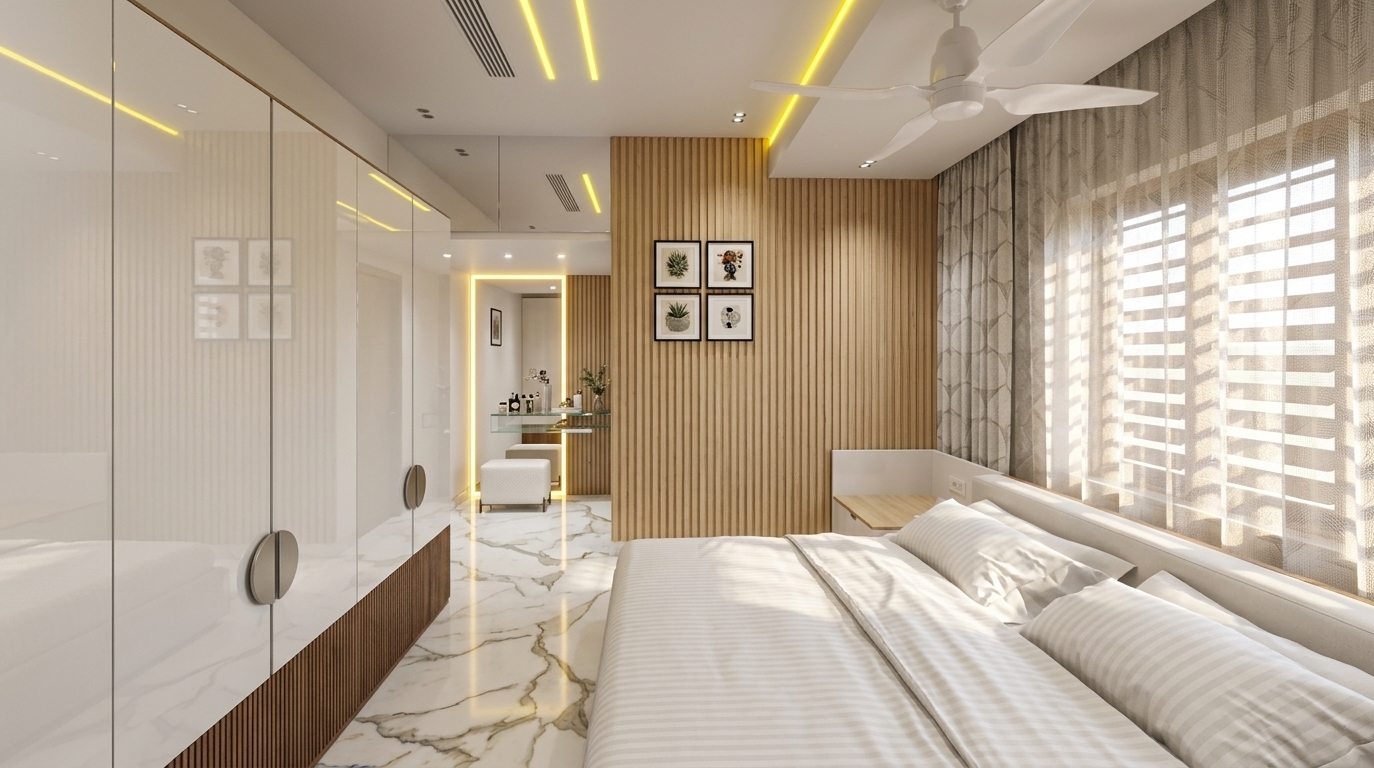 An incredibly lifelike, richly detailed, photorealistic wide-angle interior shot of a modern digital-zen bedroom set in a luxury contemporary residence. The scene is illuminated by bright midday sunlight softly diffused through sheer patterned curtains, paired with vibrant yellow linear neon ceiling lights and a glowing vanity portal, creating a tranquil, high-tech, and futuristic atmosphere. Captured with a full-frame 24mm architectural lens, emphasizing the reflective gloss of white lacquered wardrobes, tactile vertical fluted wall cladding, and polished Calacatta marble flooring with intricate veining. The streamlined layout features a plush bed dressed in crisp white striped linens, a sculptural modern ceiling fan, and a seamless visual flow toward a chic, backlit dressing nook adorned with minimalist decor and subtle botanical accents.