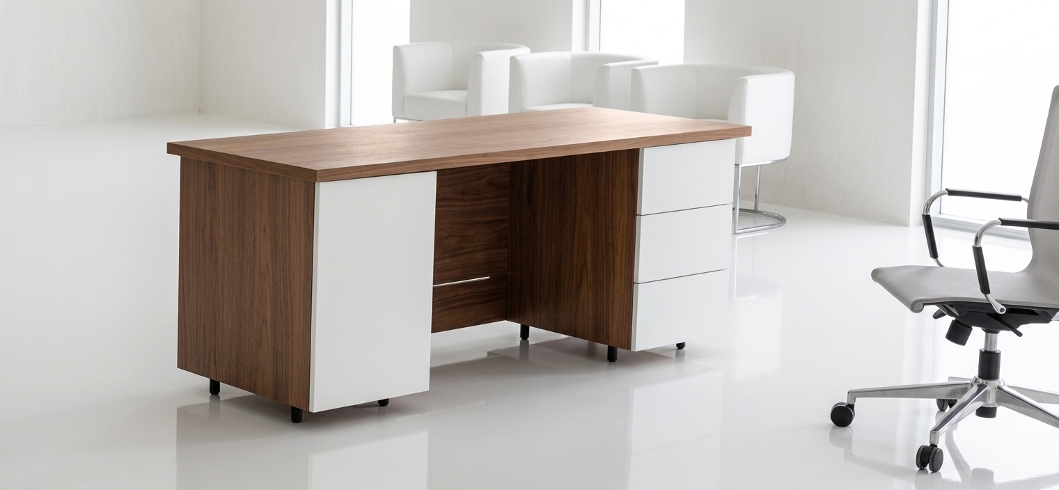 An incredibly lifelike, richly detailed, photorealistic eye-level interior shot of a contemporary executive workstation set in a minimalist modern office interior. The scene is illuminated by soft, diffused high-key ambient light, creating a bright, serene, and professional atmosphere. Captured with a 50mm architectural lens, emphasizing the tactile, warm wood grain of the desktop and structural panels alongside the ultra-smooth, satin matte finish of the white pedestal drawers and side cabinet. The desk rests neatly on discreet black peg feet over a seamless, high-gloss white floor that casts subtle, elegant reflections. In the background, a trio of tailored, white upholstered guest armchairs with slender chrome sled bases aligns against clean off-white walls, perfectly balanced by the polished aluminum five-star base and modern ergonomics of an executive task chair in the foreground.