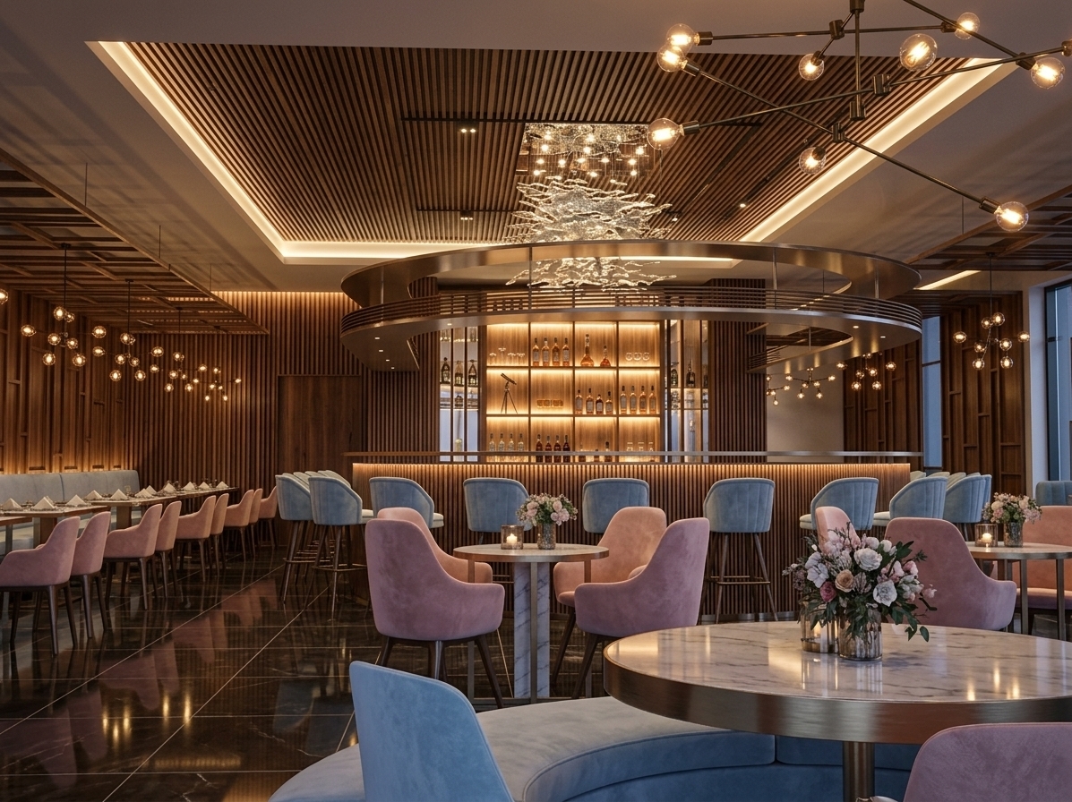 An incredibly lifelike, richly detailed, photorealistic wide-angle interior shot of an upscale modern fusion restaurant and cocktail lounge set in a chic urban interior. The scene is illuminated by a sophisticated, warm lighting scheme of glowing backlit bar shelving, integrated LED strip coves, and striking geometric multi-bulb brass chandeliers, creating a moody, vibrant, and glamorous evening atmosphere. Captured with a 24mm architectural lens, emphasizing mirror-finish dark polished marble floors, rich vertical wood-slat wall panels, and plush velvet seating in blush pink and soft powder blue. The dynamic space centers around a curved, slatted timber bar with a sculptural suspended canopy, surrounded by round marble-topped cocktail tables with brushed metallic rims and finely appointed dining arrangements that seamlessly fuse industrial elegance with contemporary luxury.
