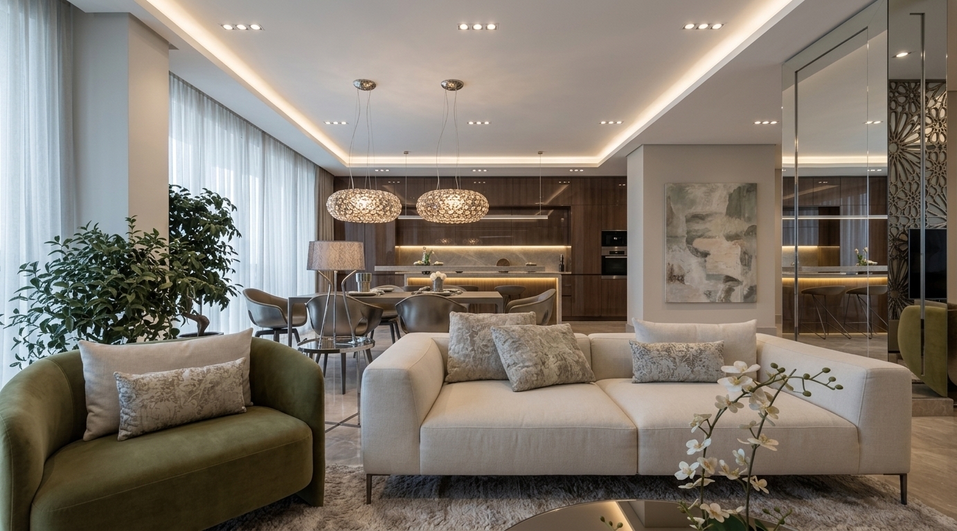 An incredibly lifelike, richly detailed, photorealistic wide-angle interior shot of a luxurious open-concept living and dining space set in a modern high-rise penthouse. The scene is illuminated by recessed ceiling spotlights, warm architectural cove lighting, and soft ambient glows, creating an elegant, serene, and sophisticated atmosphere. Captured with a professional full-frame camera and a 24mm tilt-shift architectural lens, emphasizing the rich fabric upholstery, polished stone floors, and ambient light reflections. 

In the foreground, a comfortable off-white modular sofa adorned with patterned accent cushions sits alongside a curved olive-green armchair on a plush textured rug. The open layout seamlessly transitions into an elegant dining area defined by sculpted chairs and a pair of striking spherical pendant lights. In the background, a minimalist kitchen with glossy built-in cabinetry and warm under-counter illumination adds depth, complemented by a soft-toned abstract painting on a textured partition wall and sheer floor-to-ceiling drapes that diffuse the incoming light.