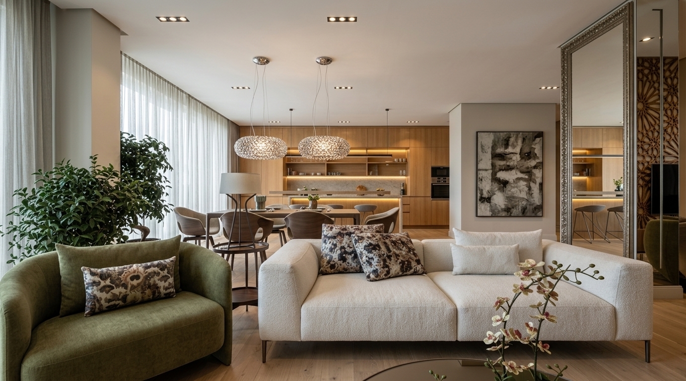 An incredibly lifelike, richly detailed, photorealistic wide-angle interior shot of an expansive open-concept living, dining, and kitchen area set in a luxurious contemporary penthouse. The scene is illuminated by diffused natural midday daylight filtering through sheer floor-to-ceiling curtains, complemented by warm recessed ceiling spotlights and subtle under-cabinet ambient glow, creating a serene and sophisticated atmosphere. Captured with a 24mm architectural tilt-shift lens, emphasizing the tactile textures of the plush off-white sectional sofa, the rich upholstery of the olive-green accent armchair, and the fine detailing of the patterned cushions. In the midground, a stylish dining suite rests beneath a pair of sparkling textured pendant lights, seamlessly transitioning into a sleek, minimalist kitchen with polished surfaces, modern built-in cabinetry, and ornate geometric mirrored accents that enhance the room's expansive depth and airy elegance.