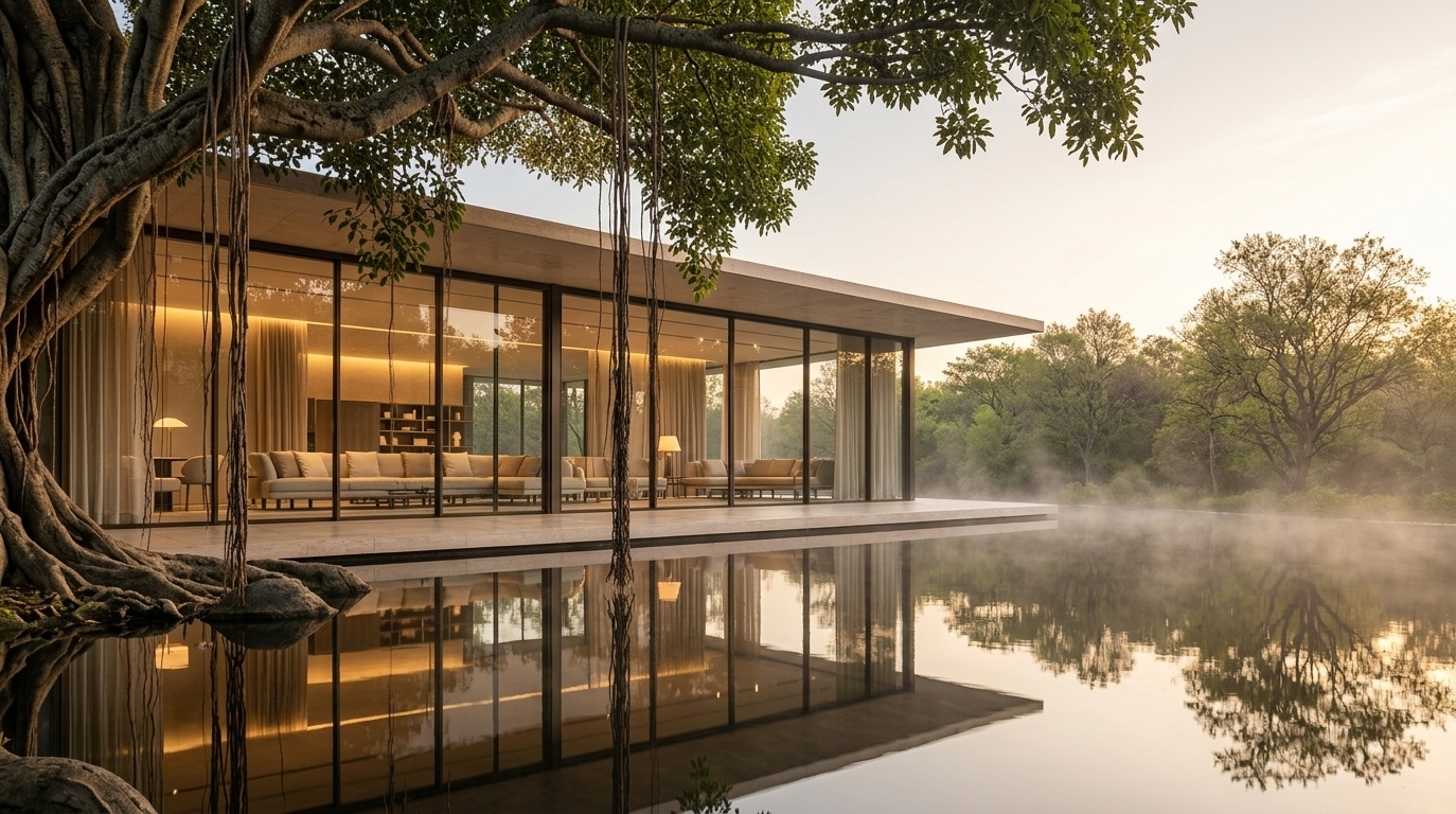 An incredibly lifelike, richly detailed, photorealistic wide-angle architectural shot of a contemporary glass pavilion and outdoor pool area set in a tranquil spring landscape. The scene is illuminated by the warm, golden glow of a gentle sunset casting soft light through rising evening mist, creating an ethereal, serene, and sophisticated atmosphere. Captured with a high-end tilt-shift lens, emphasizing polished stone surfaces, refined glass reflections, and the crisp, clean-lined structural frame. Inside the airy, light-filled interior, tailored upholstered furniture in subtle shades of pearl, champagne, and soft gray pairs with sheer drapery, slim metal accents, and sculptural lighting to embody understated luxury. An ancient tree with cascading aerial roots frames the structure, grounding the modern architecture within nature as the pool's mirror-smooth water flawlessly reflects the glowing pavilion and lush forest canopy.