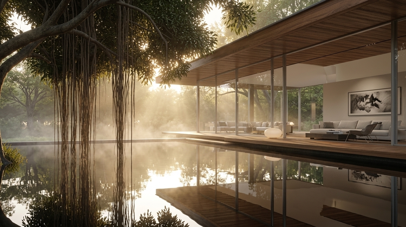 An incredibly lifelike, richly detailed, photorealistic wide-angle architectural shot of a contemporary luxury pavilion and outdoor pool area set in a tranquil, lush forest retreat during spring. The scene is illuminated by the soft golden light of a setting sun filtering through dense treetops and casting warm rays across rising water mist, creating an ethereal, calm, and sophisticated atmosphere. Captured with a medium-format camera and a wide architectural tilt-shift lens, emphasizing the glassy reflections of the pool, the rich wood grain of the cantilevered roof overhang, and the delicate hanging aerial roots of the foreground tree. Embodying refined contemporary elegance, the clean-lined structure features polished stone and timber decking leading into an airy, light-filled living space visible through expansive glazing. Inside, tailored upholstered furniture in subtle shades of warm white, pearl, and soft gray is complemented by a low coffee table displaying photography books, slim metal accents, ambient sculptural lighting, and striking monochrome abstract wall art, culminating in an understated yet deeply sophisticated sanctuary.