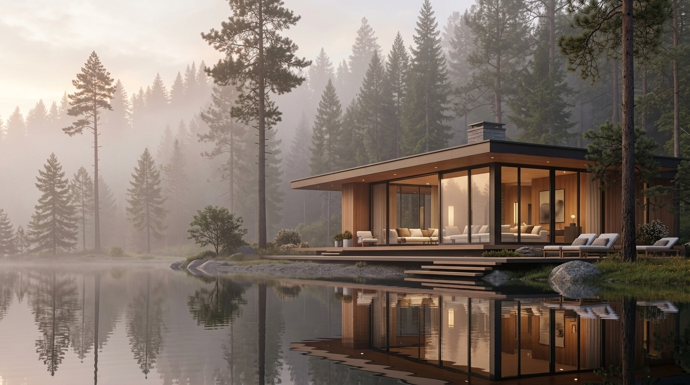 An incredibly lifelike, richly detailed, photorealistic wide-angle architectural photo of a modern glass-and-timber retreat set in a tranquil, mist-shrouded lakeside forest during early spring. The scene is illuminated by the soft ambient glow of a misty sunset paired with radiant, warm interior sculptural lighting, creating a serene, sophisticated atmosphere. Captured with a professional wide-angle tilt-shift lens, emphasizing the crisp mirror reflections across the calm water and the clean-lined materiality of warm wood panels, dark slim metal accents, and expansive floor-to-ceiling glass. The cantilevered structure steps down to a floating waterside deck featuring refined outdoor loungers, seamlessly connecting the exterior to an airy, light-filled living space. Inside, contemporary elegance is showcased through tailored upholstered seating in shades of warm white, pearl, champagne, and soft gray, arranged around polished stone surfaces adorned with curated decor, an open photography book, and subtle abstract wall art, achieving a balanced and understated luxury in complete harmony with nature.