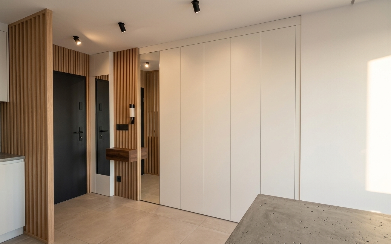 An incredibly lifelike, richly detailed, photorealistic interior wide shot of a modern minimalist entryway and mudroom set in a contemporary urban apartment haven. The scene is illuminated by soft, natural summer sunrise light blending with directional black ceiling-mounted spotlights, creating an airy, refined, and inviting atmosphere. Captured with a sharp 24mm architectural wide-angle lens, emphasizing the fine natural grain of the light oak vertical slat divider, smooth off-white floor-to-ceiling panel cabinetry, tactile vertically grooved dark charcoal accent walls, and large-format neutral ceramic floor tiles. A full-height mirrored door brilliantly catches reflections of the wooden textures, while the sleek metallic entry door and raw concrete-textured foreground surface complete this impeccably organized, minimalist interior.