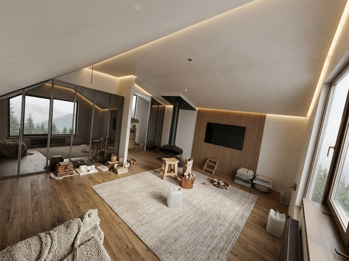 An incredibly lifelike, richly detailed, photorealistic wide-angle interior photo of a contemporary attic bedroom suite set in an alpine mountain escape. The scene is illuminated by crisp natural morning light pouring through the expansive side window and warm, concealed ambient LED cove lighting tracing the vaulted roofline, creating a serene, luxurious, and cozy atmosphere. Captured with a 24mm architectural wide-angle lens, emphasizing tactile textures of natural light oak, matte plaster, woven wool, and tinted reflective glass. 

The angled ceiling is rendered flawless with a seamless, smooth off-white micro-cement finish integrated with hidden linear illumination to conceal all joints effortlessly. Along the entire left wall spans a bespoke, floor-to-ceiling wardrobe system featuring sleek smoked-mirror and minimalist dark metal frames, dramatically expanding the visual space while reflecting the surrounding light. In the center, a low-profile king-sized platform bed upholstered in soft bouclé is layered with textured neutral linens and plush throws, positioned directly opposite the feature wall where an ultra-slim OLED television is seamlessly mounted against warm vertical wood acoustic slats. Wide-plank European oak flooring, a plush textured area rug, and framed views of misty evergreen peaks through the window finish this tranquil, modern alpine sanctuary.