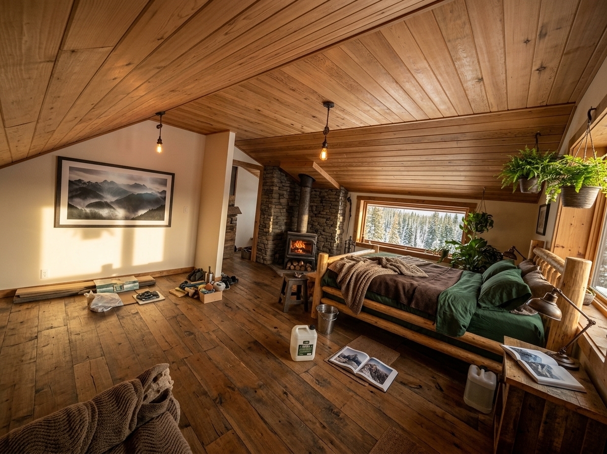 An incredibly lifelike, richly detailed, photorealistic wide-angle interior shot of a reimagined alpine bedroom retreat set in a cozy mountain escape. The scene is illuminated by the golden glow of a late afternoon sun streaming through the timber-framed window, complemented by the warm, flickering embers of a newly installed stacked-stone corner fireplace and dimmable iron pendant fixtures, creating an intimate, rugged, and deeply inviting atmosphere. Captured with a full-frame camera and a 24mm lens, emphasizing the rich textures of reclaimed pine ceiling beams, wide-plank distressed oak flooring, and tactile woven textiles. The sloped attic ceilings are now cladded in warm natural cedar paneling, drawing the eye toward a grand, sturdy log-frame bed layered with rich forest-green linens, deep brown wool blankets, and heavy knit throws in earthy warm neutrals. Flanking the bed, chunky reclaimed wood nightstands hold vintage iron reading lamps and open photography books depicting rugged peaks. The primary accent wall features a dramatic, framed panoramic photograph of mist-covered mountain ridges, harmonizing beautifully with hanging potted ferns and an assortment of lush indoor plants nestled near the sunny windowsill. A supple, distressed brown leather armchair rests in the corner beside a small live-edge side table and a plush sheepskin rug, perfectly balancing functionality, rustic charm, and alpine elegance with sweeping views of snow-dusted pine forests just outside.