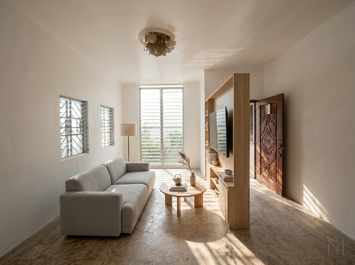 A bright, naturally lit interior photograph maintaining the exact room perspective and geometry, featuring the rear center window converted into a tall floor-to-ceiling louvered jalousie window with a subtle wall gap at the top. The space is styled in a calm Scandinavian Sanctuary aesthetic, introducing a minimalist light-neutral sofa, a clean light-wood coffee table, a slender floor lamp, and open shelving complementing the existing wooden divider. Direct sunlight streams through the glass slats, casting sharp linear shadows across the textured stone tile floor and matte white walls. Shot on a sharp wide-angle architectural lens with balanced natural exposure, the image exhibits authentic wood grain textures, tactile upholstery weave, soft ambient bounce light, and subtle optical imperfections like micro-contrast and faint corner vignetting.