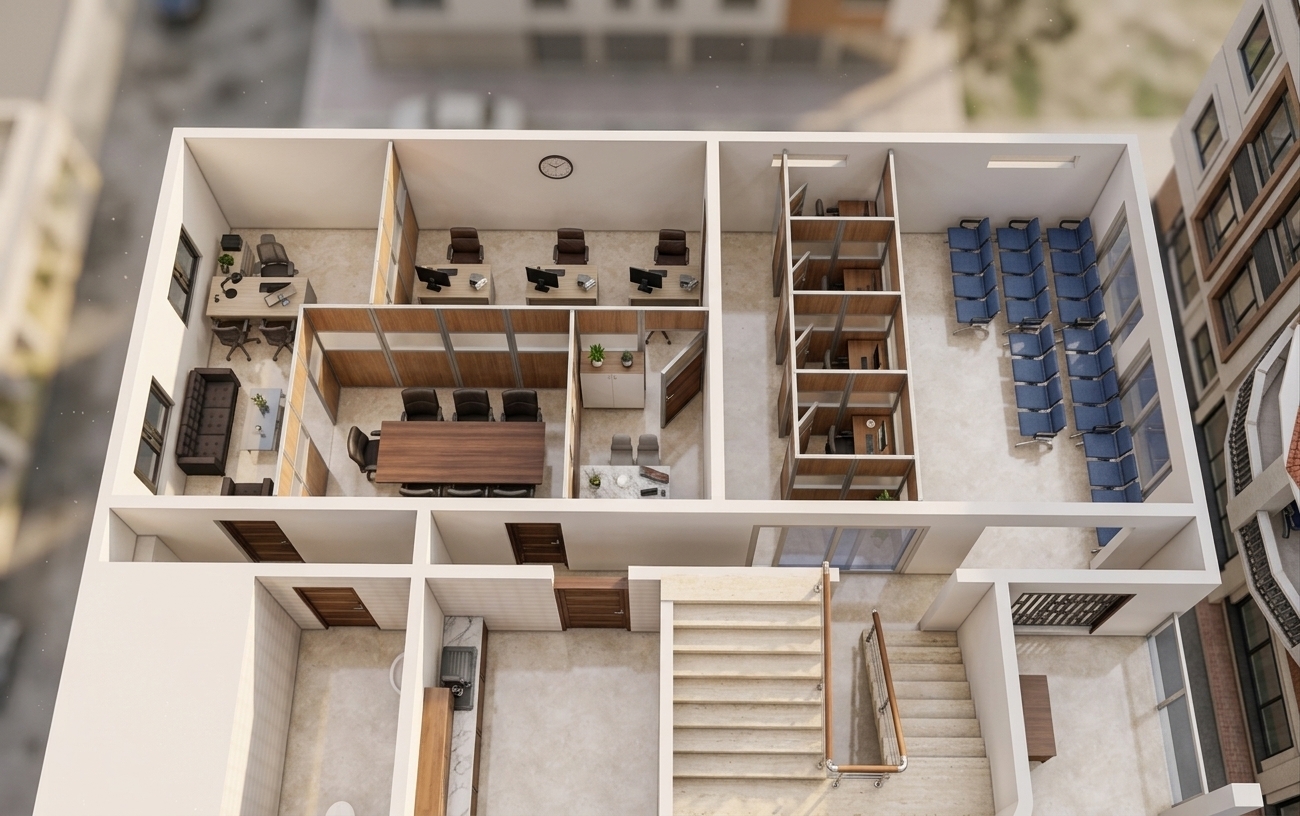 The photo presents a high-angle isometric architectural rendering of a contemporary coworking space, meticulously designed as a minimalist haven for productivity and collaboration. The overall aesthetic is characterized by crisp lines, functional layouts, and an uncluttered environment, rendered under bright, even illumination that suggests a clear, ambient setting. The floor plan reveals a thoughtful organization across a unified light beige tiled floor, which reflects the bright light and contributes to the spacious feel. On the left, an open office area features several individual workstations clearly delineated by low, warm brown modular partitions, each equipped with dark grey desktops, ergonomic black office chairs, and white computer setups, fostering focused work within a visually connected space. Adjacent to this, a dedicated meeting zone with a large dark wood conference table and numerous black chairs is similarly sectioned off by the warm brown partitions. To the right, another expansive area is configured with more densely arranged individual workstations, complemented by multiple rows of tall, dark blue shelving units, strongly suggesting a shared resource library or a versatile storage solution essential for a dynamic coworking community. The lower section of the image details a wide, light-colored wooden staircase, serving as a prominent circulation element, alongside various utility spaces, likely restrooms or storage rooms, accessed through simple dark doors. The architectural style emphasizes clean finishes and a practical, user-centric design, promoting efficiency and an inviting professional atmosphere throughout this streamlined and highly functional environment.
