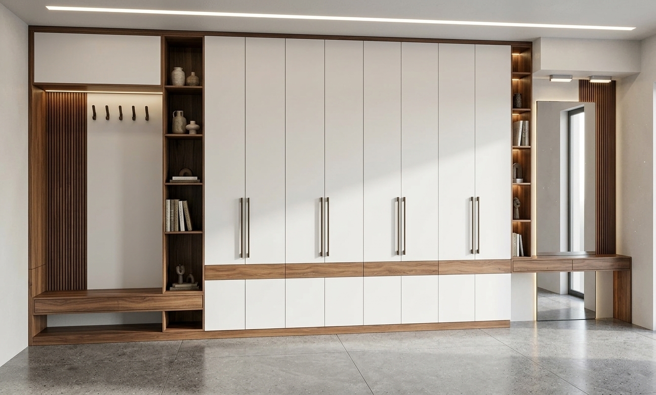 A straight-on interior architectural photograph of the modern built-in cabinetry system, preserving the exact layout, geometry, and color scheme. The cabinet doors feature smooth matte white finishes with subtle tactile texture and slim black vertical handles. The framework, open shelving, lower accents, and entryway bench are crafted from rich, warm-toned walnut wood with authentic grain patterns and a satin sheen. The entryway section showcases dark fluted slats, while the vanity area features a crystal-clear mirror reflecting soft ambient light. Diffused, warm interior lighting casts gentle, realistic shadows within the seams and niches, captured with sharp edge-to-edge focus, accurate perspective, and natural photographic depth.