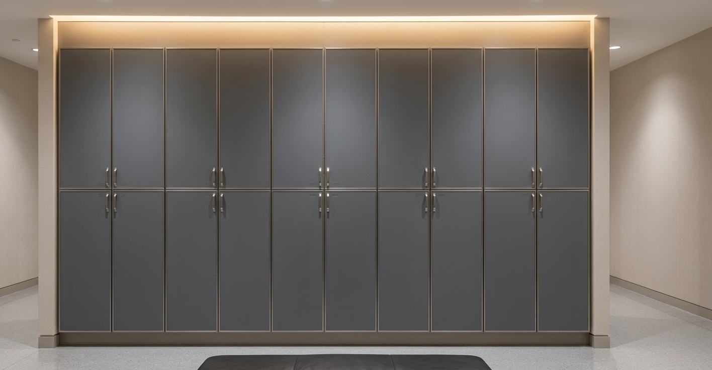 An incredibly lifelike, richly detailed, photorealistic wide-angle interior shot of an executive locker room and walk-in dressing suite designed for airline flight crew and airport staff, set in a modern aviation terminal lounge. The scene is illuminated by recessed, glare-free architectural LED downlights and continuous warm ambient cove lighting along the upper bulkhead, creating a serene, refined, and highly professional atmosphere. Captured with a professional full-frame camera and a 24mm tilt-shift lens, emphasizing the matte satin finish of the slate-gray laminate locker fronts, delicate metallic edge trims, and vertically mounted brushed stainless steel handles. The floor-to-ceiling cabinetry is symmetrically arranged in double-tiered bays atop a recessed baseboard, seamlessly integrated into beige architectural walls. The floor is lined with seamless, polished light-gray terrazzo that softly reflects the interior glow, while a plush leather-upholstered center bench subtly enters the foreground, perfectly blending airport functionality with the contemporary elegance of a luxury walk-in closet.