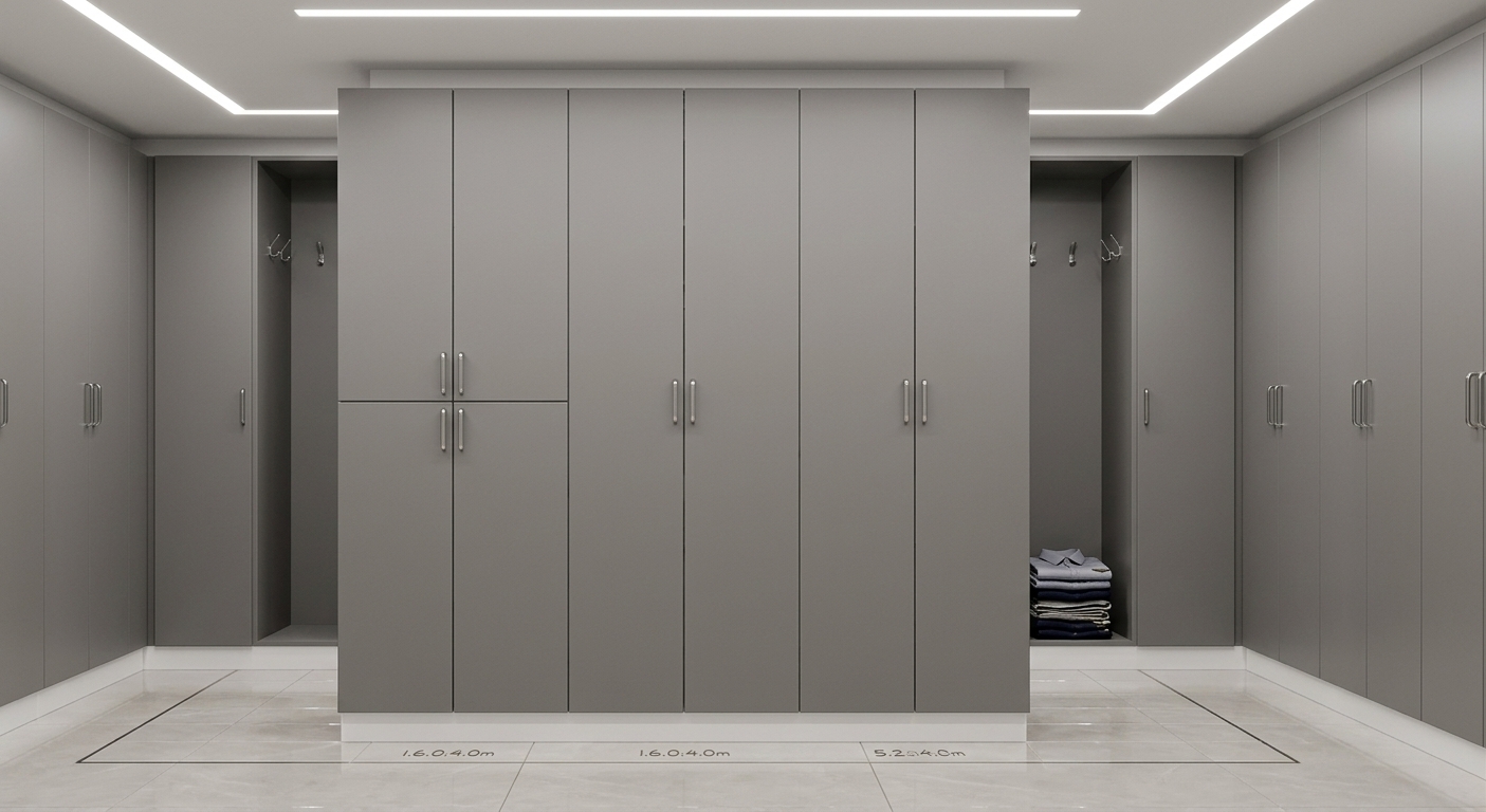 An incredibly lifelike, richly detailed, photorealistic straight-on interior shot of an upscale airport staff locker room set in a modern aviation crew lounge. The scene is illuminated by soft, recessed ceiling LED strips and balanced ambient light, creating a serene, highly organized, and contemporary atmosphere. Captured with a 35mm architectural prime lens at f/8, emphasizing the smooth, ultra-matte grey laminate finish across the seamless frameless cabinet doors and the subtle metallic sheen of the vertical brushed-chrome handles. Designed with sleek minimalism and walk-in closet efficiency, the floor-to-ceiling locker unit rests cleanly on a crisp white recessed plinth atop large-format, polished ceramic floor tiles, perfectly marrying contemporary elegance with practical function.