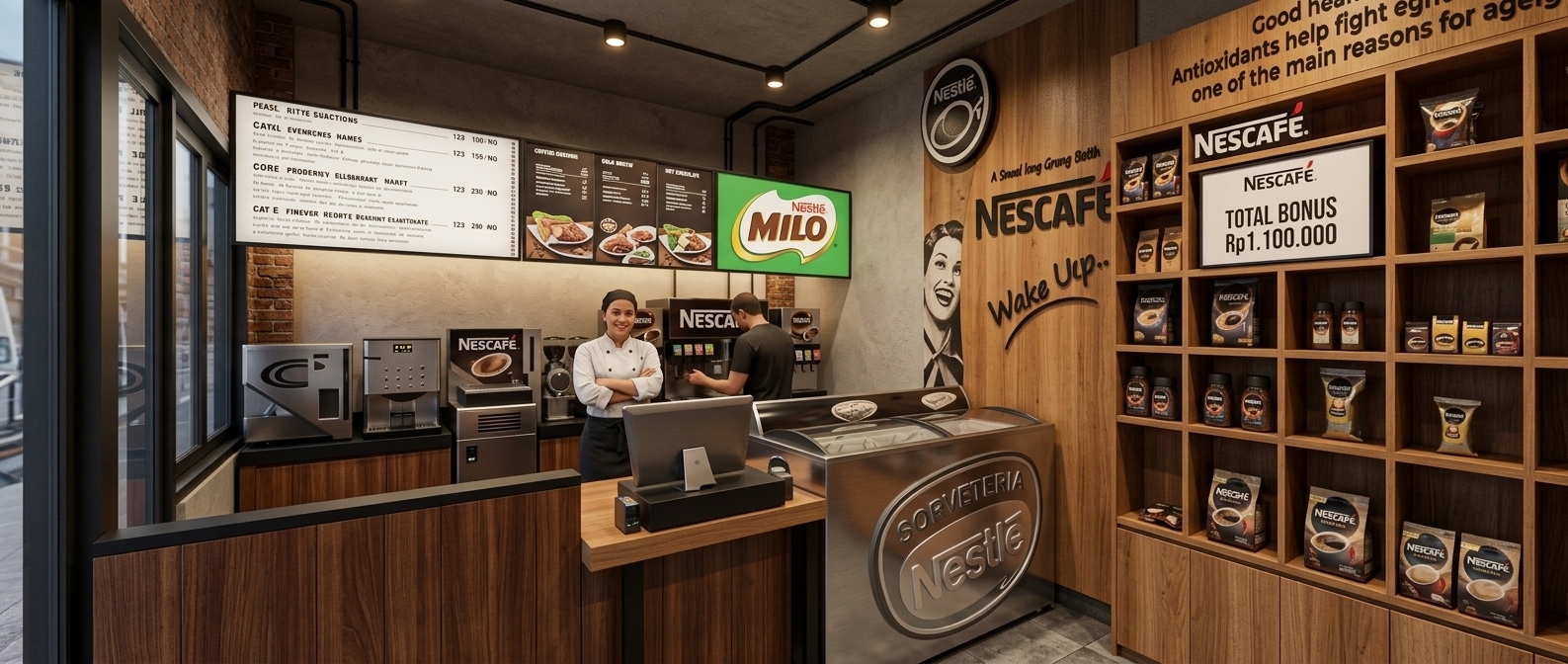 An incredibly lifelike, richly detailed, photorealistic wide-angle interior shot of a modern coffee shop set in an urban industrial loft environment. The scene is illuminated by warm recessed ceiling spotlights and the soft ambient glow of backlit menu displays, creating an inviting, cozy, and sophisticated atmosphere. Captured with a 24mm architectural lens, emphasizing the rich textures of deep brown wood-paneled walls, natural timber retail shelving, brushed stainless-steel espresso stations, and sleek matte countertops. The expansive wooden grid shelving is neatly stocked with packaged coffee blends, replacing bold commercial tones with organic wood grain and industrial warmth across the service counters and branded display areas.