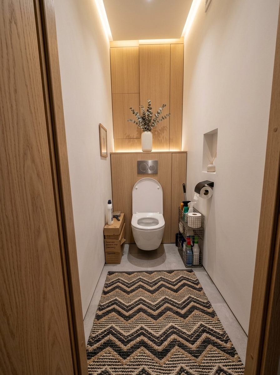 An incredibly lifelike, richly detailed, photorealistic eye-level interior photo of a transformed modern powder room set in a sleek contemporary apartment, envisioned as a cozy minimalist haven. The scene is illuminated by warm, concealed perimeter LED cove lighting along the ceiling edge and subtle recessed backlighting behind a niche, creating an inviting, tranquil, and spa-like atmosphere. Captured with a 35mm wide-angle architectural lens at f/8, emphasizing the tactile contrasts between velvety matte-white walls, large-format soft gray concrete-effect porcelain tiles, and a floating wall-hung minimalist white ceramic toilet with a concealed in-wall cistern. Above the sleek brushed-nickel dual-flush plate, built-in floor-to-ceiling cabinetry with push-to-open seamless light-oak panels conceals all plumbing and functional storage, eliminating any trace of clutter. The floor is laid with seamless light-gray matte microcement, complemented by a compact minimalist matte-black toilet roll holder, a small integrated wall niche displaying a minimalist ceramic diffuser, and a single stem of dried silver-dollar eucalyptus in a fluted white vase, achieving perfectly balanced proportions and an effortlessly chic, serene aesthetic.