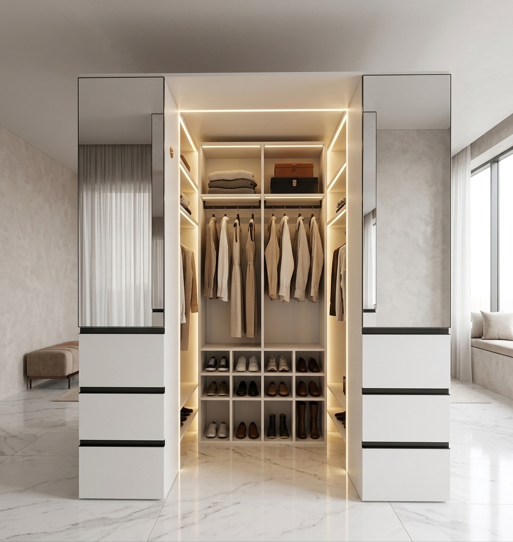 An incredibly lifelike, richly detailed, photorealistic straight-on eye-level shot of a bespoke walk-in closet set in a sunlit modern fusion penthouse. The scene is illuminated by bright summer midday light softened through sheer drapery, beautifully complemented by warm-toned LED strip lighting recessed seamlessly along the wardrobe’s inner perimeters, creating an inviting, high-end boutique atmosphere. Captured with a full-frame 35mm architectural lens at f/8, emphasizing the pristine matte texture of Nymphaea Alba white cabinetry, contrasting black aluminum Gola profile handle channels, and the subtle grey veining of high-gloss white marble floor tiles. Flanking the central niche, floor-to-ceiling mirrored upper cabinet doors reflect natural ambient light above symmetrical sets of three smooth-gliding drawers. Deep inside the wardrobe, neatly arranged garments hang on minimalist metal rods, folded knitwear and luxury storage boxes fill the upper shelves, and the lower multi-compartment cubby grid elegantly displays designer shoes, perfectly balancing functional storage with sophisticated contemporary design.
