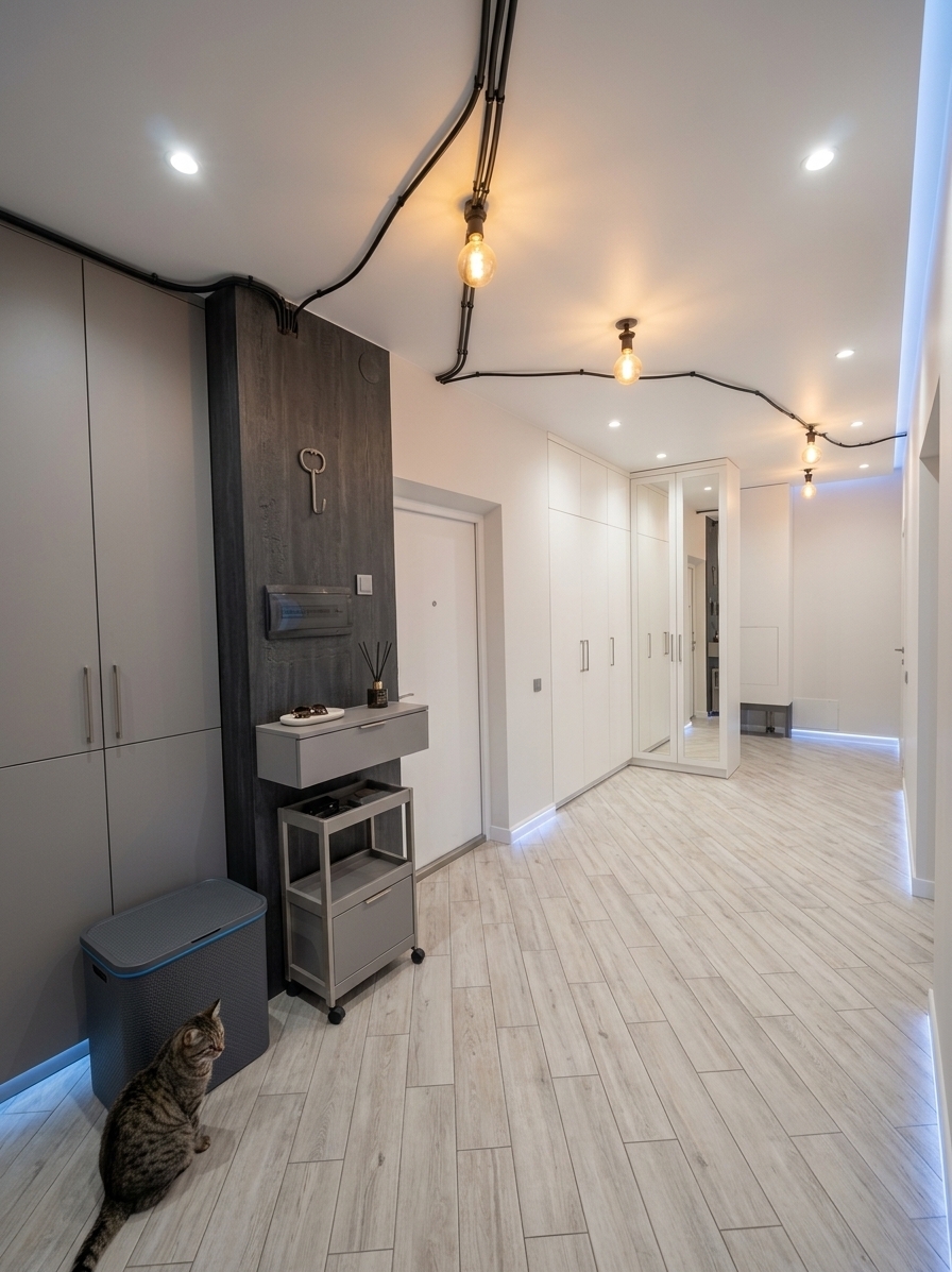 An incredibly lifelike, richly detailed, photorealistic wide-angle architectural shot of a sleek, contemporary hallway and mudroom set in a minimalist modern apartment. The scene is illuminated by soft, recessed architectural spotlights and warm hidden LED cove lighting along the baseboards and ceiling drop, creating a serene, inviting, and impeccably organized atmosphere. Captured with a professional full-frame camera and a 24mm tilt-shift lens, emphasizing the seamless matte finishes, subtle textures, and clean linear proportions of the space. Flanking the left side of the entrance, full-height custom cabinetry in a sophisticated soft-gray matte finish flawlessly conceals a dedicated utility station housing a stacked washing machine and dryer, vacuums, garment steamer, iron, and a pull-out ironing board behind push-to-open flush doors. Directly opposite on the right wall stands an expansive floor-to-ceiling wardrobe in pure warm white, equipped with two central floor-to-ceiling mirrored doors that bounce light across the room and offer full-body views. In place of bulky seating, a refined, wall-mounted floating vanity drawer in textured charcoal wood provides a discrete landing zone styled with an elegant ceramic key tray, designer sunglasses, perfume, and a sleek reed aroma diffuser. The light-toned, wood-grain tiled floor stretches seamlessly down the hallway toward the adjoining rooms, harmonizing with the neutral palette of gray, white, and subtle brushed-nickel hardware for a refined blend of high utility and contemporary elegance.