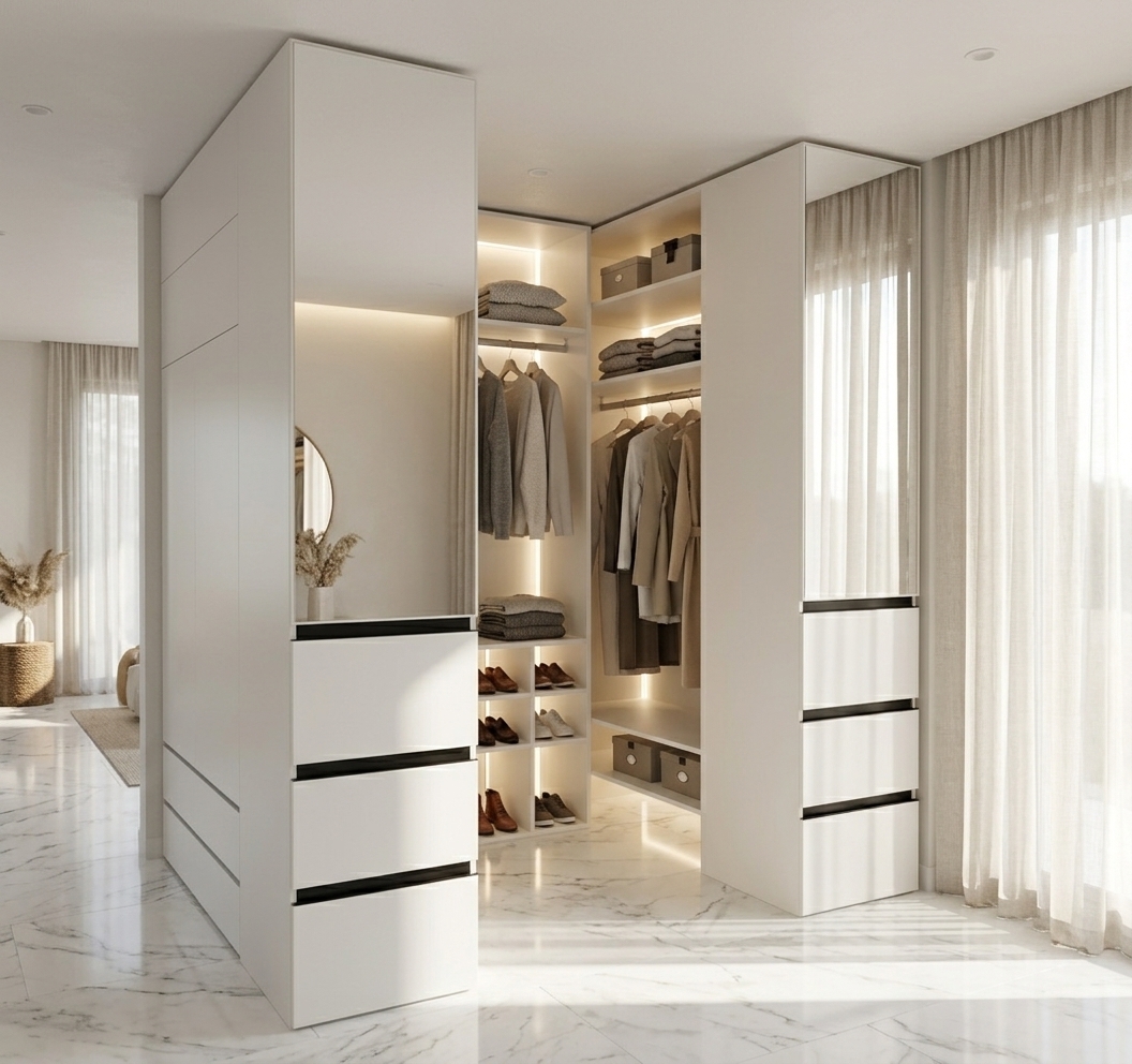 An incredibly lifelike, richly detailed, photorealistic three-quarter interior shot of a custom walk-in closet wardrobe set in an airy, bohemian-oasis master suite. The scene is illuminated by bright summer midday light softened with warm, hidden perimeter LED strip backlighting integrated into the shelving frame, creating a sophisticated, tranquil atmosphere. Captured with a professional 35mm architectural lens, emphasizing the seamless matte texture of the Nymphaea Alba white laminate, crisp contrasting lines, and subtle veining in the polished white marble flooring. Tall mirrored doors on the upper side modules bounce soft ambient reflections, sitting above lower drawer chests equipped with sleek, recessed black Gola profile handles. Inside the open, organized alcove, premium designer clothes hang neatly on brushed metal rods, folded knitwear and accessory boxes rest on the upper shelves, and the central lower cubbies meticulously display curated footwear, resulting in a perfectly balanced blend of modern luxury and relaxed, chic living.