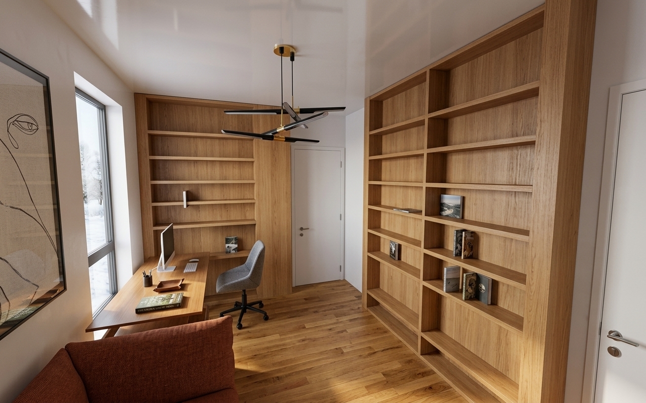 An incredibly lifelike, richly detailed, photorealistic wide-angle interior shot of a minimalist study room set in a modern winter retreat. The scene is illuminated by crisp, directional midday winter light pouring through a tall side window and complemented by subtle ambient reflections across the glossy ceiling, creating a serene, warm, and Zen-inspired atmosphere. Captured with a professional 24mm architectural lens, emphasizing the authentic natural grain of warm honey-oak built-ins, rich hardwood floor planks, and smooth matte surfaces. Expansive floor-to-ceiling wooden bookshelves line the walls, sparingly curated with select photography books to maintain a clean, uncluttered aesthetic. An integrated wooden desk features a sleek workstation with a slim monitor and a modern gray ergonomic swivel chair, while a dynamic black sculptural chandelier floats overhead. A bold, framed abstract painting introduces vibrant texture to the left wall, perfectly balanced by the cozy edge of a rust-toned sofa in the foreground and the tranquil, snow-covered landscape visible just beyond the glass.