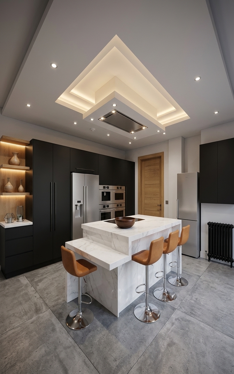 An incredibly lifelike, richly detailed, photorealistic wide-angle interior photograph of a state-of-the-art designer kitchen set in a luxury smart residence. The scene is illuminated by layered geometric cove lighting, recessed ceiling spotlights, and warm linear under-cabinet LED strips, creating a tranquil, high-tech Digital Zen atmosphere. Captured with a professional full-frame camera and a 24mm architectural tilt-shift lens, emphasizing the velvety matte-black cabinetry, polished waterfall-edge white marble countertops, and brushed stainless-steel smart appliances. A striking central island with a split-level breakfast bar is paired with sleek caramel-leather swivel stools, while the surrounding integrated tall units seamlessly conceal built-in ovens, a digital coffee center, and a multi-door refrigerator. Backlit natural oak open shelving with minimalist decorative pottery introduces an organic warmth to the cool gray tile floors and pristine, clutter-free surfaces, embodying an innovative fusion of serene minimalism and modern sophistication.