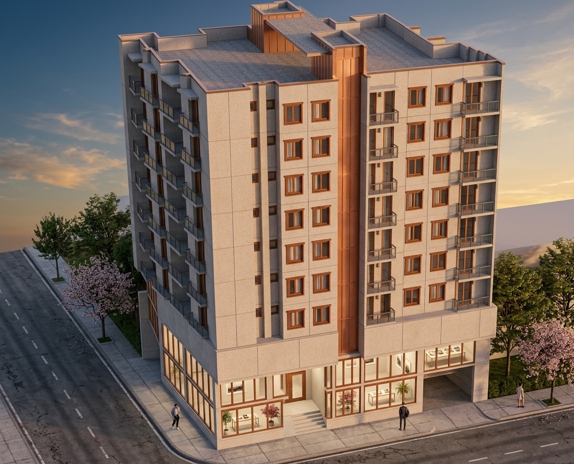 An incredibly lifelike, richly detailed, photorealistic elevated architectural perspective of a contemporary mixed-use mid-rise building set in a quiet, upscale urban neighborhood in spring. The scene is illuminated by the soft, warm glow of a golden-hour sunset, casting long, delicate shadows and reflecting soft peach tones across the expansive glass surfaces, creating a serene and elegant atmosphere. Captured with a 24mm tilt-shift architectural lens, emphasizing the crisp concrete exterior panels, rich timber window frames, and sleek glass balcony railings. At the base, expansive double-height windows showcase a minimalist exhibition space styled as a serene haven—revealing uncluttered gallery interiors with zen-inspired furnishings, abstract wall art, sleek metal and light wood display tables adorned with curated photography books, and graceful indoor potted plants set against a calm palette of whites, grays, and subtle pastel hues.