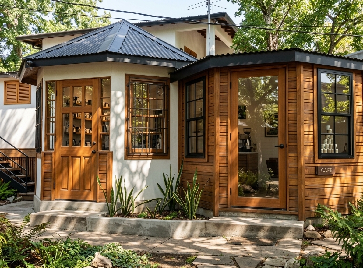 An incredibly lifelike, richly detailed, photorealistic eye-level exterior architectural shot of a chic mid-century modern coffee shop set in a lush, sun-dappled summer garden. The scene is illuminated by bright, natural midday sunlight filtering through mature canopy trees, creating a warm, vibrant, and inviting atmosphere. Captured with a professional full-frame camera and a 35mm architectural lens, emphasizing the tactile juxtaposition between smooth, crisp matte-white stucco walls, warm horizontal teak wood cladding accents, and sleek charcoal-black aluminum-framed glass doors and panoramic windows. The faceted pavilion layout features clean geometric lines, a seamless modern dark metal roof, and polished concrete entry steps bordered by minimalist architectural landscaping with snake plants, inviting patrons into a stylish, sunlit interior space.