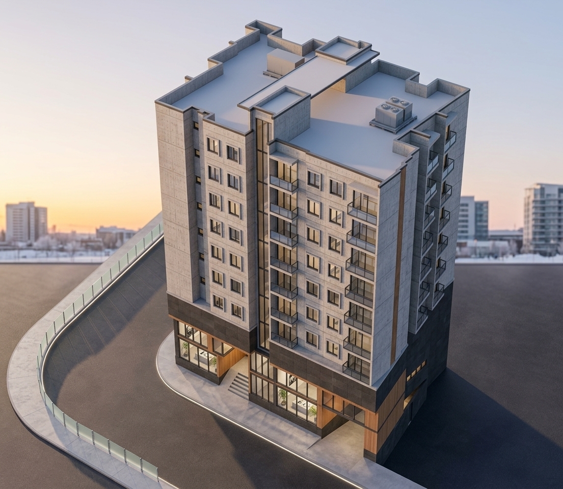 An incredibly lifelike, richly detailed, photorealistic elevated architectural shot of a contemporary multi-story mixed-use building and exhibition haven set in a quiet, crisp winter cityscape. The scene is illuminated by the soft, glowing amber and pastel hues of a setting winter sun, creating a serene, elegant, and contemplative atmosphere with long, gentle shadows stretching across the pavement. Captured with a professional tilt-shift lens, emphasizing the clean-lined concrete facade, dark charcoal plinth, smooth warm timber accents, and glass-paneled balconies. Through the illuminated, floor-to-ceiling storefront windows on the ground floor, a streamlined, uncluttered exhibition gallery is revealed, complete with monochromatic abstract wall art, sleek low-profile display furniture holding open photography books, polished micro-cement floors, and minimalist potted indoor plants that exude a calm, Zen-inspired sophistication.