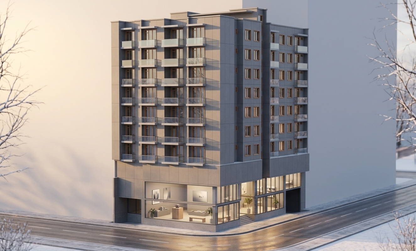 An incredibly lifelike, richly detailed, photorealistic exterior architectural perspective of a contemporary multi-story mixed-use building set in a quiet, crisp winter urban corner. The scene is illuminated by the low golden glow of a winter sunset casting long, elegant shadows and warm reflections across the cool pavement, creating a serene, tranquil, and refined atmosphere. Captured with a professional 24mm tilt-shift architectural lens, emphasizing the smooth gray facade panels, warm wood-toned window frames, and sleek glass balcony railings. Through the double-height ground-floor curtain wall, the illuminated exhibition space reveals a minimalist haven adorned with monochromatic gray and subtle pastel finishes, zen-inspired wooden and metal furniture, carefully curated abstract wall art, curated photography books on clutter-free surfaces, and delicate indoor plants that introduce subtle natural vitality to the streamlined, modern interior.