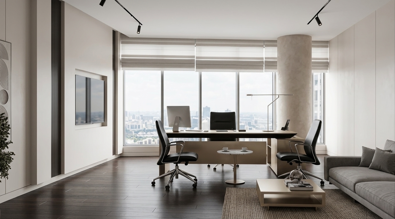 An incredibly lifelike, richly detailed, photorealistic wide-angle interior photograph of an executive home office suite set in a high-rise luxury penthouse overlooking a sprawling city skyline. The scene is illuminated by soft, diffused daylight pouring through expansive floor-to-ceiling windows paired with minimalist ceiling track lighting, creating an airy, refined, and sophisticated atmosphere. Captured with a professional full-frame camera and a 24mm tilt-shift lens, emphasizing the rich contrast between deep espresso hardwood floors, smooth pearl-white walls, and polished stone surfaces. 

At the center stands a clean-lined executive desk finished in champagne lacquer and dark accents, accompanied by sleek black leather task chairs and a slender designer desk lamp. To the right, a refined lounge area features a tailored, soft gray upholstered sofa accented with plush cushions, facing a low-profile black coffee table neatly styled with thick photography books and curated minimalist decor. A prominent cylindrical structural column rendered in a subtle Venetian plaster texture anchors the light-filled room, while slim metal fixtures, recessed television joinery, and an understated, muted color palette of warm whites, soft grays, and pearl tones complete this balanced vision of contemporary elegance.