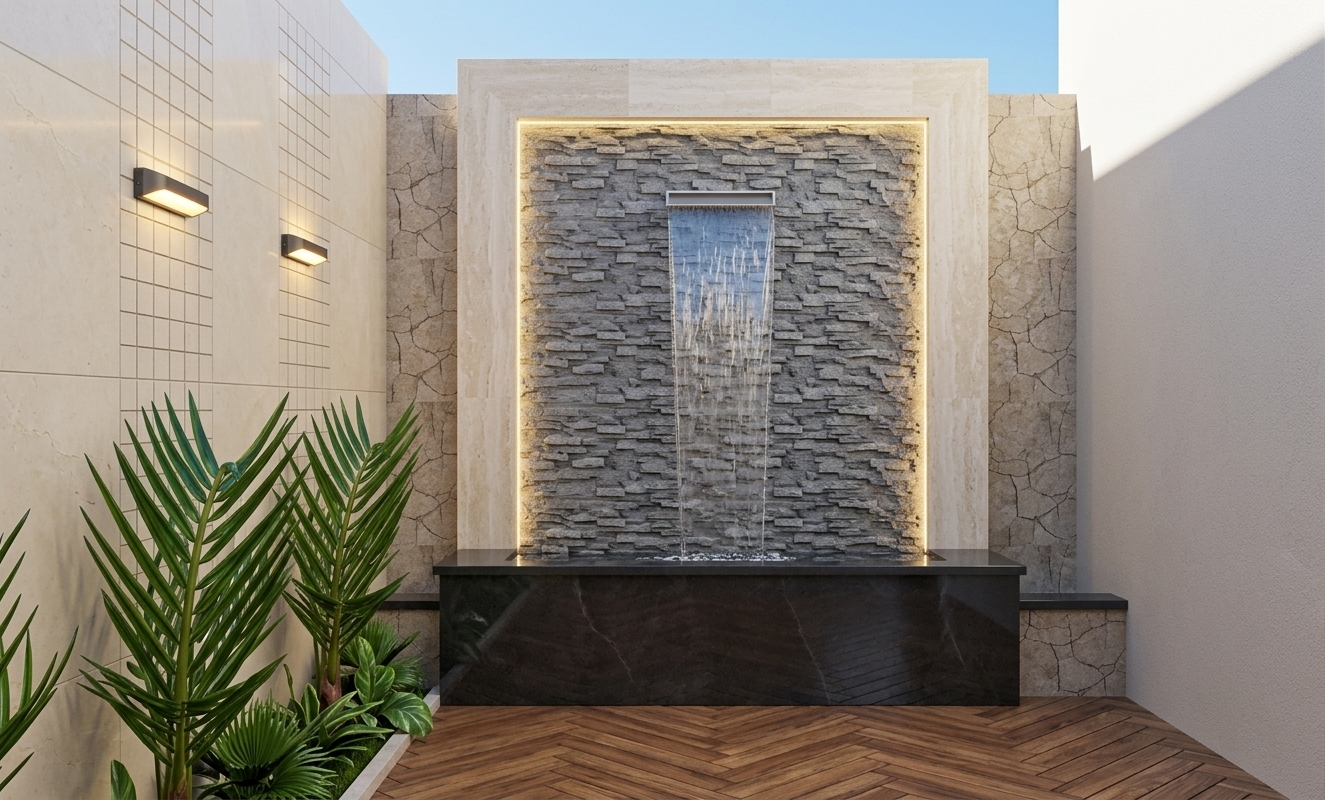 An incredibly lifelike, richly detailed, photorealistic eye-level architectural shot of a modern fusion outdoor patio water feature set in an intimate, private courtyard during a bright spring midday. The scene is illuminated by crisp, natural midday sunlight beautifully balanced with warm halo LED cove lighting framing the textured stone and glowing, activated exterior wall sconces, creating a serene, sophisticated, and tranquil atmosphere. Captured with a professional 24mm wide-angle lens with crystal-clear depth of field, emphasizing the tactile contrast between the rugged grey stacked slate, smooth polished ivory travertine marble, sleek charcoal stone basin, and the rich grain of herringbone outdoor decking. Crystal-clear water cascades smoothly from the modern fountain weir down the textured stone face, while vibrant, glossy tropical greenery planted along the side wall introduces fresh organic energy to the impeccably composed minimalist retreat.