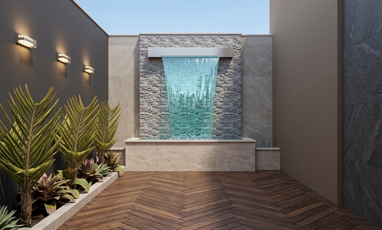 An incredibly lifelike, richly detailed, photorealistic wide landscape shot of an outdoor patio and minimalist haven set in a serene private courtyard. The scene is illuminated by bright midday spring sunlight softly diffused from the clear blue sky, complemented by the warm, glowing light radiating from the three modern horizontal wall sconces, creating a tranquil, luxurious atmosphere. Captured with a full-frame camera using a 24mm wide-angle lens, emphasizing the glistening, crystal-clear sheet of turquoise water cascading over a textured grey stacked-stone feature wall into a smooth travertine basin. Rich herringbone dark wood decking stretches across the foreground, while fresh, sun-kissed tropical palm foliage adds vibrant natural contrast alongside sleek charcoal and warm taupe perimeter walls.