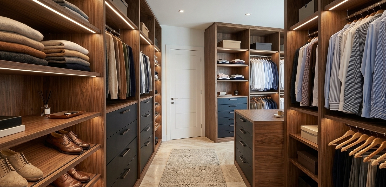 Photorealistic architectural photograph of the walk-in closet, maintaining the exact layout, geometry, and camera perspective. The custom wood cabinetry showcases realistic rich grain textures, organized with neatly displayed men's clothing, including hanging shirts and folded garments on the open shelving. The flooring is finished in honed travertine marble with subtle natural veining and soft ambient reflections. Integrated warm LED strip lighting glows softly from beneath the shelves and inside the cabinetry, complemented by recessed warm ceiling lights. Captured on a sharp interior lens with balanced exposure, natural contact shadows, and authentic material finishes.