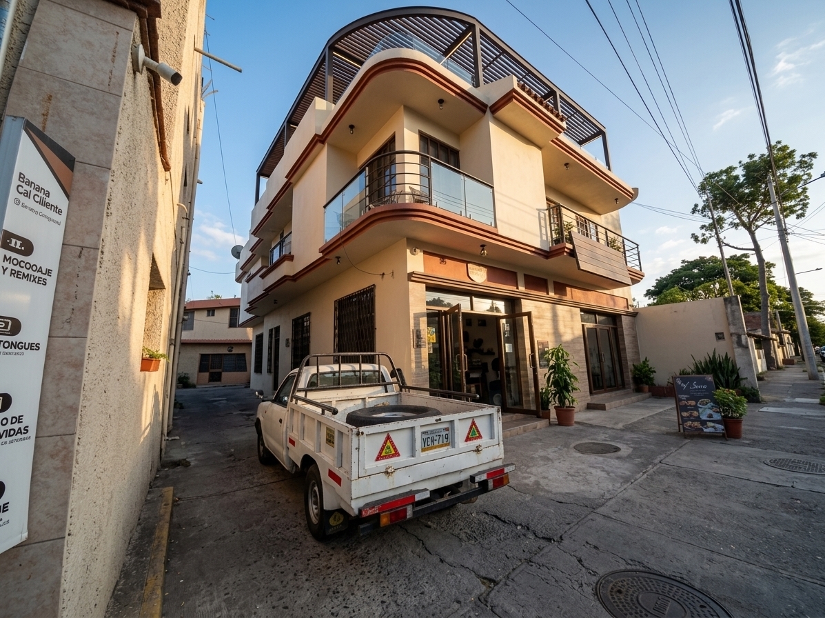 An incredibly lifelike, richly detailed, photorealistic wide-angle exterior architectural shot of an upgraded corner property crowned with a modern third-floor covered rooftop terrace and minimalist haven set in an authentic suburban street setting. The scene is illuminated by bright, clear late-afternoon sunlight, creating an inviting, sophisticated, and sun-drenched atmosphere. Captured with a full-frame 24mm architectural tilt-shift lens, emphasizing the elegant vertical integration between the existing upper residence and the new lightweight steel-and-wood canopy above, the sleek tempered glass railings framing a private outdoor plunge pool deck, and preserving every detail of the original ground-floor storefront, paved driveway, parked utility truck, and surrounding neighborhood contours with immaculate realism.