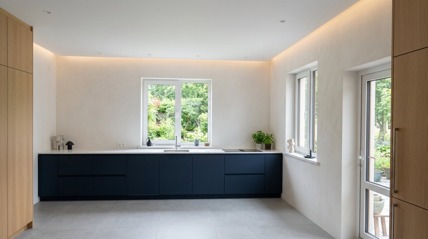 An incredibly lifelike, richly detailed, photorealistic wide-angle interior photograph of a modern Scandinavian sanctuary kitchen set in a beautifully finished bright home. The scene is illuminated by soft, diffused natural daylight streaming through clean white-framed windows alongside warm, concealed LED cove lighting and minimalist pendant lamps over the island, creating a serene, calm, and sophisticated atmosphere. Captured with a 24mm tilt-shift architectural lens, emphasizing the velvety matte finishes, crisp geometry, and refined tactile textures. Along the central back wall, a sleek run of handleless lower cabinetry finished in deep matte navy blue is paired with a seamless slim white quartz countertop and an undermount sink sitting directly beneath the picture window framing lush green garden views. Anchoring the layout, a tall floor-to-ceiling pantry column with integrated concealed appliances rises smoothly on the far left, while a matching tall cabinetry unit on the right seamlessly houses an integrated full-height refrigerator for perfect visual balance. In front of the counter, a stunning freestanding minimalist kitchen island commands the center, adorned with waterfall stone edges, warm natural oak slatted detailing underneath, and contemporary low-profile barstools. The entire space is grounded by large-format 120x60cm matte cool-grey porcelain stoneware floor tiles with ultra-fine grout lines, under a flawlessly smooth, pure-white flat ceiling, completely replacing the construction clutter with an impeccably designed, uncluttered, and practical culinary haven.