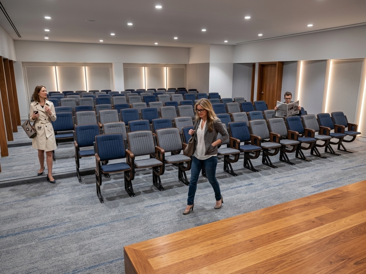 An incredibly lifelike, richly detailed, photorealistic wide-angle interior photograph of a modern-fusion auditorium set in a collaborative corporate coworking hub. The scene is illuminated by crisp recessed architectural downlights and subtle, warm ambient backlighting glowing through micro-perforated mesh wall dividers, creating an inviting, professional atmosphere. Captured with a 24mm wide-angle lens, emphasizing the tailored woven textures of the navy blue and muted grey upholstered seating, smooth plasterboard finishes, and rich timber accents. 

The tiered lecture hall features ergonomic folding seats neatly arranged over high-performance acoustic carpeting in soft grey and coordinating blue tones. In the foreground, the edge of a polished warm hardwood stage complements the natural grain of a sleek timber door set into the back wall. Clean, rhythmic wall paneling combines matte white and soft grey plasterboards with integrated back-lit micro-perforated panels, casting elegant vertical light ribbons that provide visual depth and sophisticated acoustic functionality throughout the space.