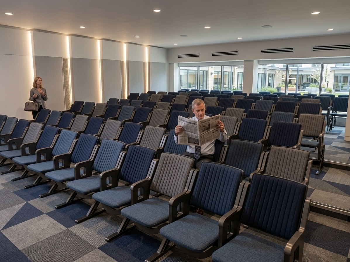 An incredibly lifelike, richly detailed, photorealistic wide-angle interior photograph of a state-of-the-art corporate auditorium set in a contemporary coworking campus. The scene is illuminated by soft ambient ceiling fixtures and sleek vertical LED strip lights concealed behind micro-perforated metallic mesh inserts between the wall panels, creating a sophisticated, warm, and highly focused atmosphere. Captured with a professional 24mm tilt-shift architectural lens, emphasizing the rich woven fabric textures of the ergonomic blue and heather-gray upholstered seats, the geometric dual-tone gray and navy carpeting, and the pristine finish of the segmented white and light-gray acoustic plasterboard walls. The tiered seating slopes gracefully forward, creating striking perspective lines and realistic soft shadows that highlight the elegant, collaborative functionality of the modern event space.