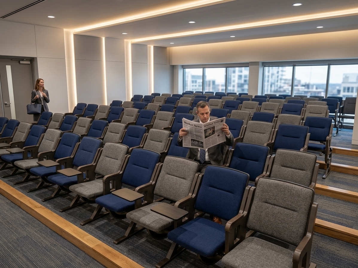 An incredibly lifelike, richly detailed, photorealistic wide-angle interior shot of a modern fusion corporate auditorium set in an upscale coworking complex. The scene is illuminated by subtle recessed ceiling spots paired with warm, concealed cove LED lighting glowing through vertical microperforated mesh wall partitions, creating a sophisticated, ambient, and highly professional atmosphere. Captured with a 24mm tilt-shift architectural lens, emphasizing the rich tactile contrasts between plush acoustic fabrics, smooth wall panels, and warm wood accents.

The tiered seating layout features rows of ergonomic auditorium seats upholstered in rich navy blue and heather-grey woven textiles with sleek foldable writing trays. The stepped floor seamlessly integrates warm natural hardwood trims and risers with acoustic low-pile carpeting patterned in complementary charcoal grey and subtle blue tones. Flanking the space, the clean side and rear walls are clad in matte white and soft light-grey gypsum panels separated by backlit microperforated mesh reveals that diffuse gentle architectural light. Warm timber finishings on the side doors and podium area ground the modern palette, providing an inviting, high-end environment built for conferences and presentations.